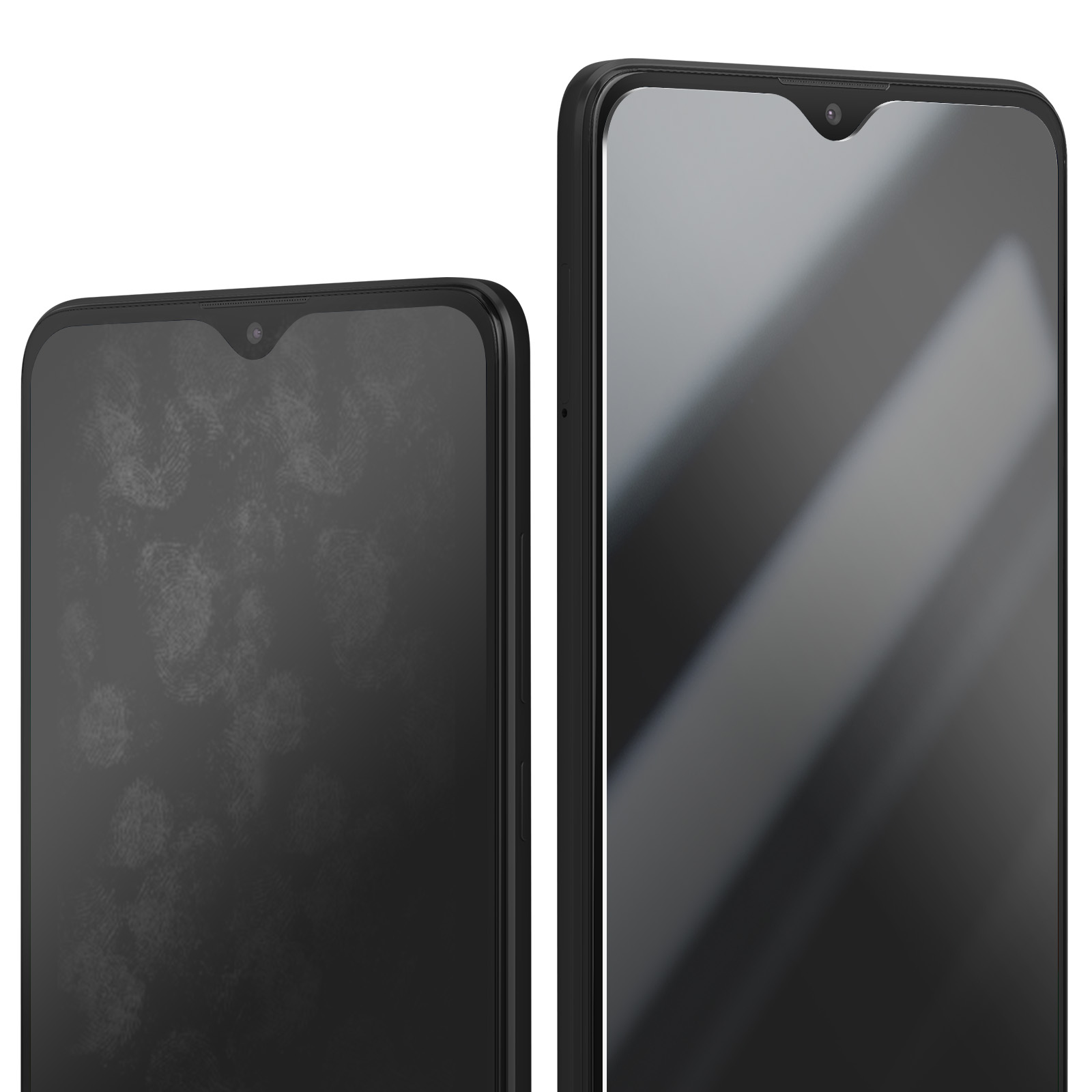 Due smartphone neri, uno con macchie di impronte digitali sullo schermo. Entrambi hanno fotocamere frontali e bordi neri.