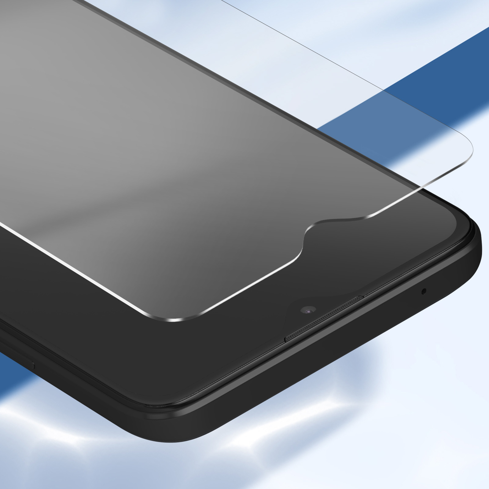 Smartphone nero con protezione schermo applicata. La protezione è parzialmente sollevata. Sfondo blu e bianco.