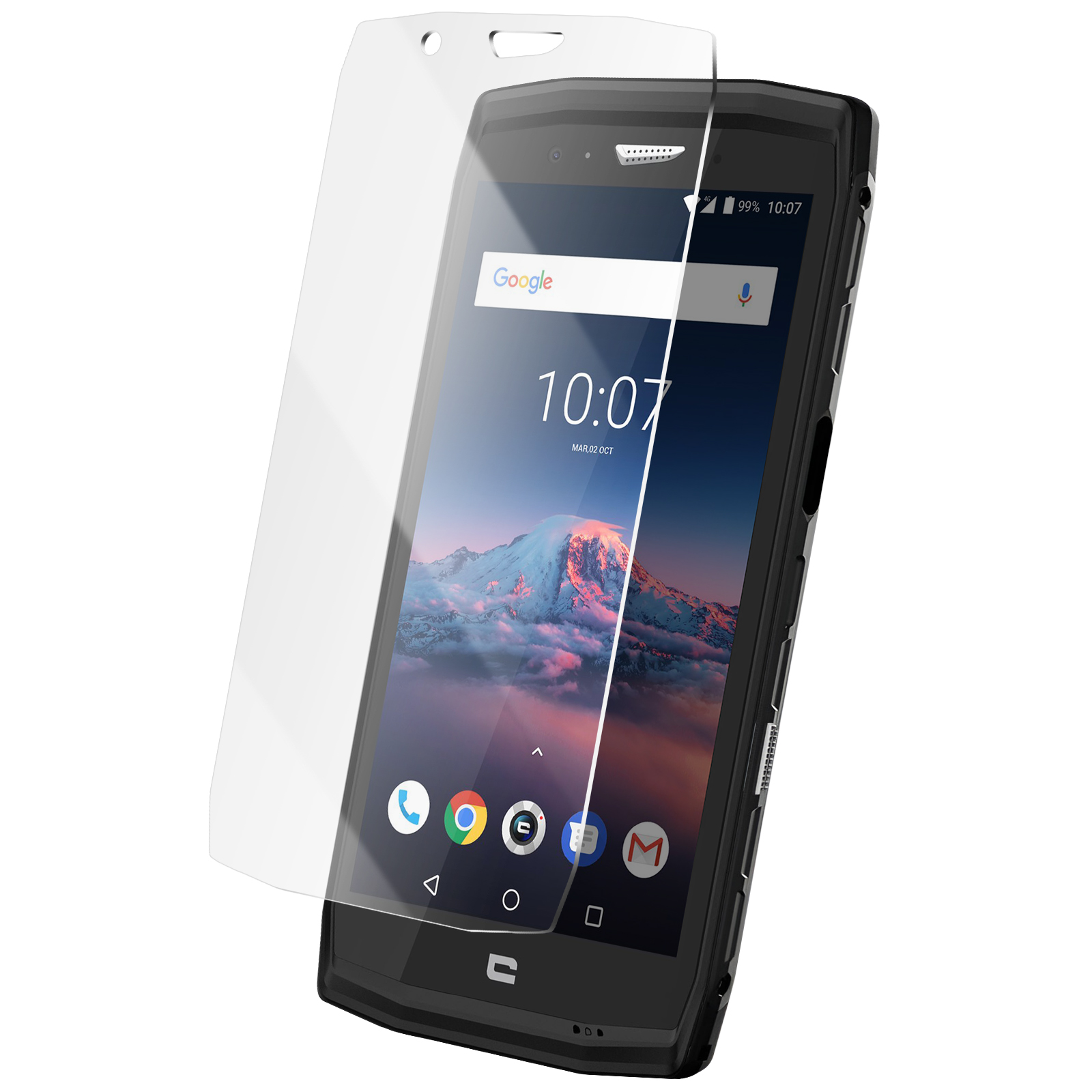 Uno smartphone nero con protezione schermo che mostra l'ora e un'immagine di montagna. La barra di ricerca di Google è visibile.