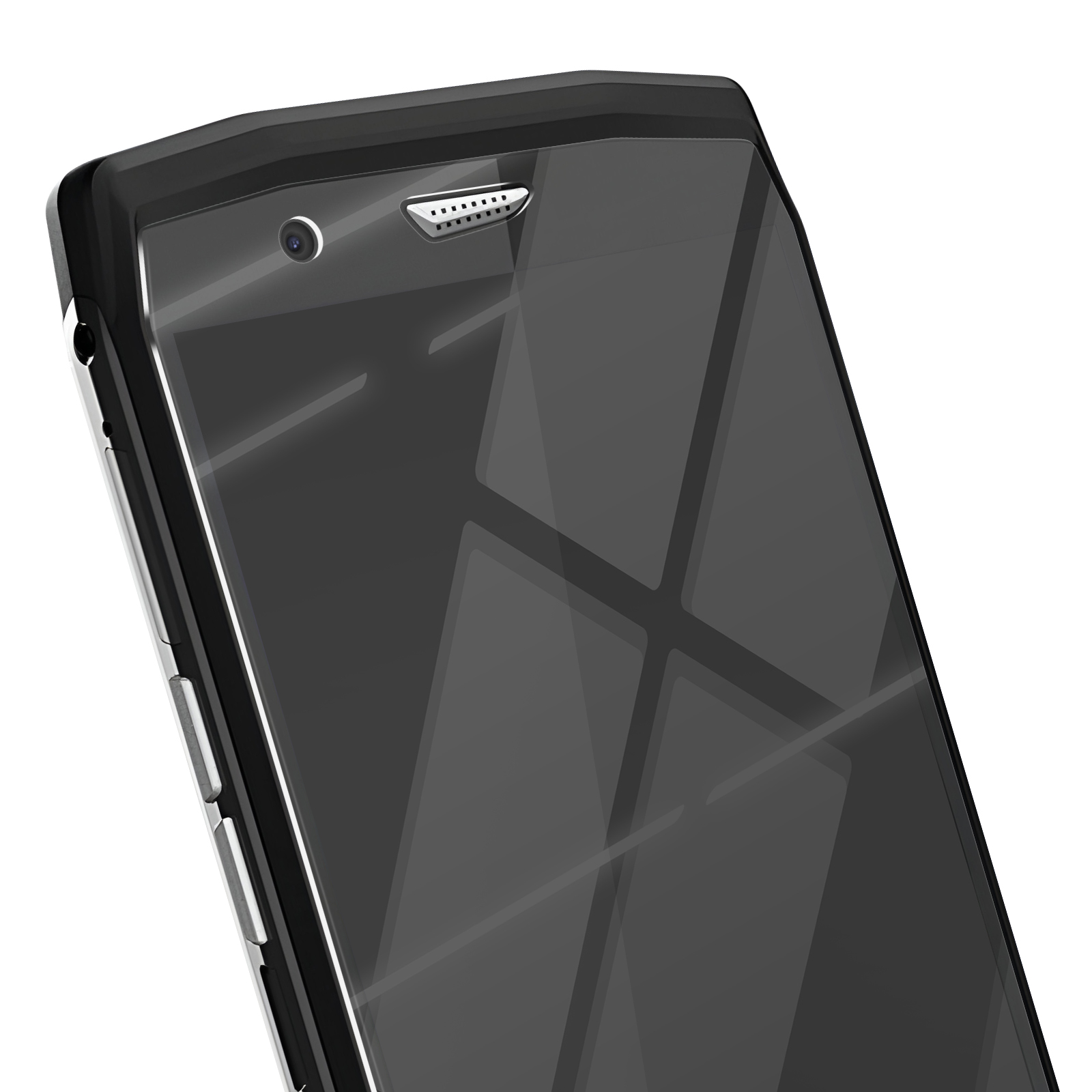 Primo piano di uno smartphone nero. Lo schermo riflette la luce. In alto sono visibili una fotocamera e un altoparlante.