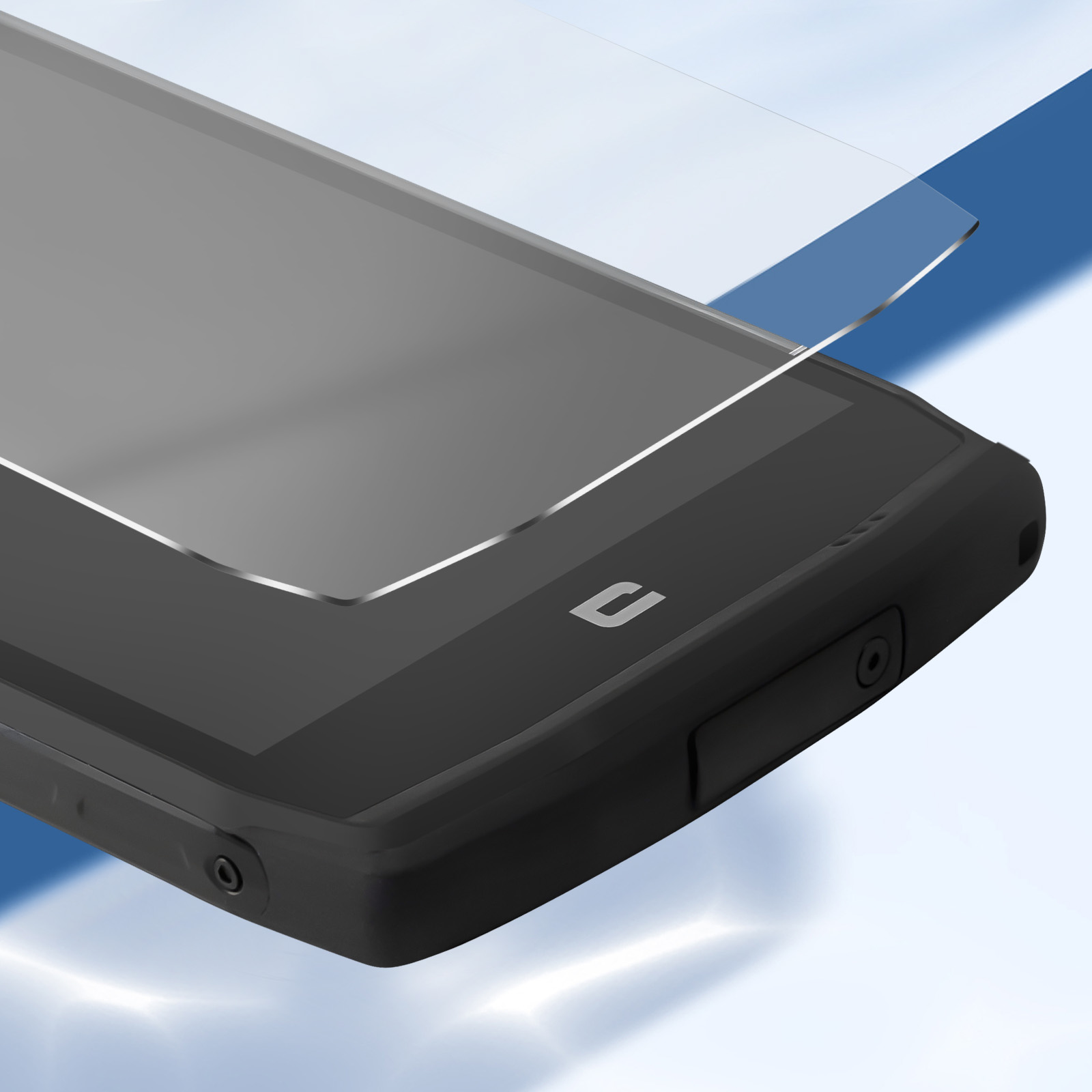 Uno smartphone nero con una protezione per lo schermo. Lo sfondo è azzurro con una striscia diagonale blu.