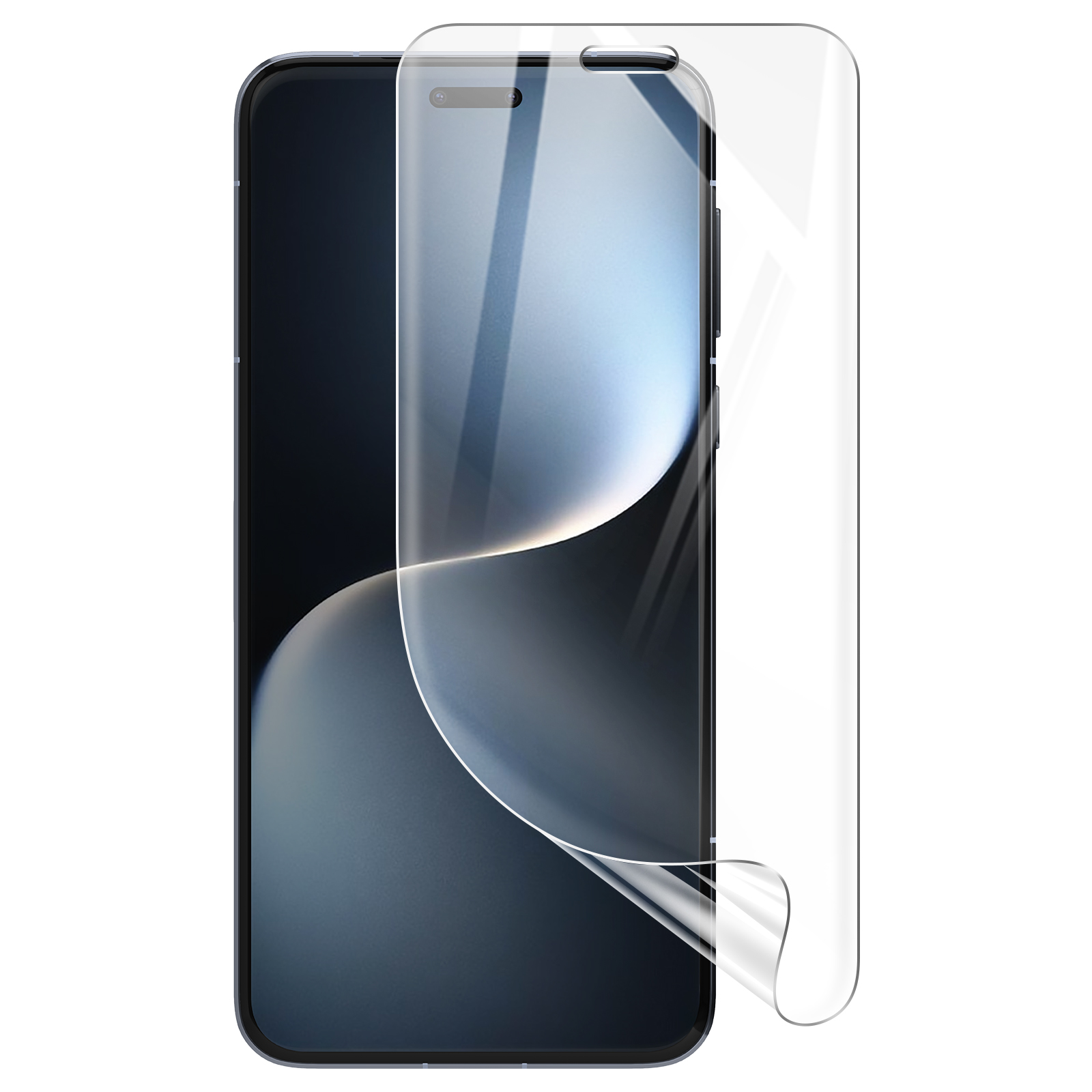Uno smartphone con una protezione schermo parzialmente staccata. Il telefono è nero con una protezione schermo trasparente.