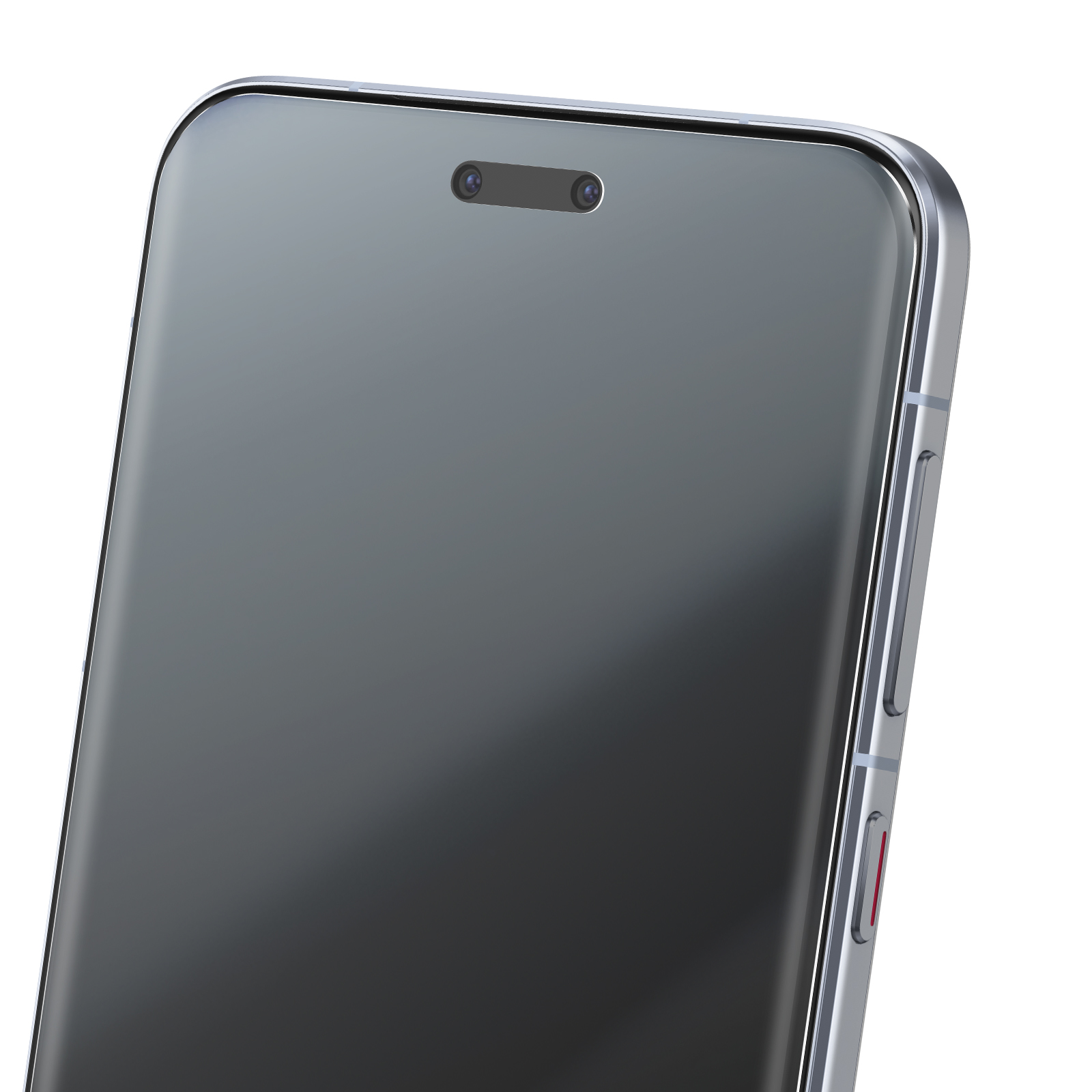 Primo piano di uno smartphone. Lo schermo è grigio scuro. Cornice argentata, pulsanti del volume e gruppo fotocamere visibili.