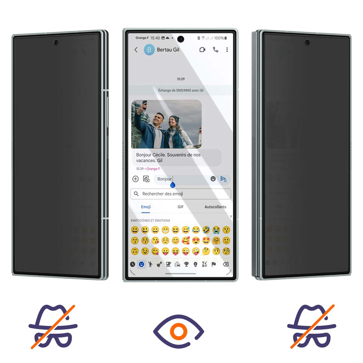 Tre smartphone, quello centrale attivo con un messaggio. Mostra una foto di due persone. Tastiera emoji in basso.
