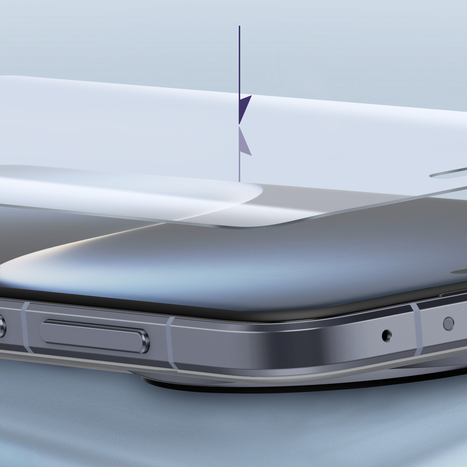 Primo piano di un telefono. Il telefono è grigio metallizzato con schermo in vetro. Una freccia viola punta verso il basso.