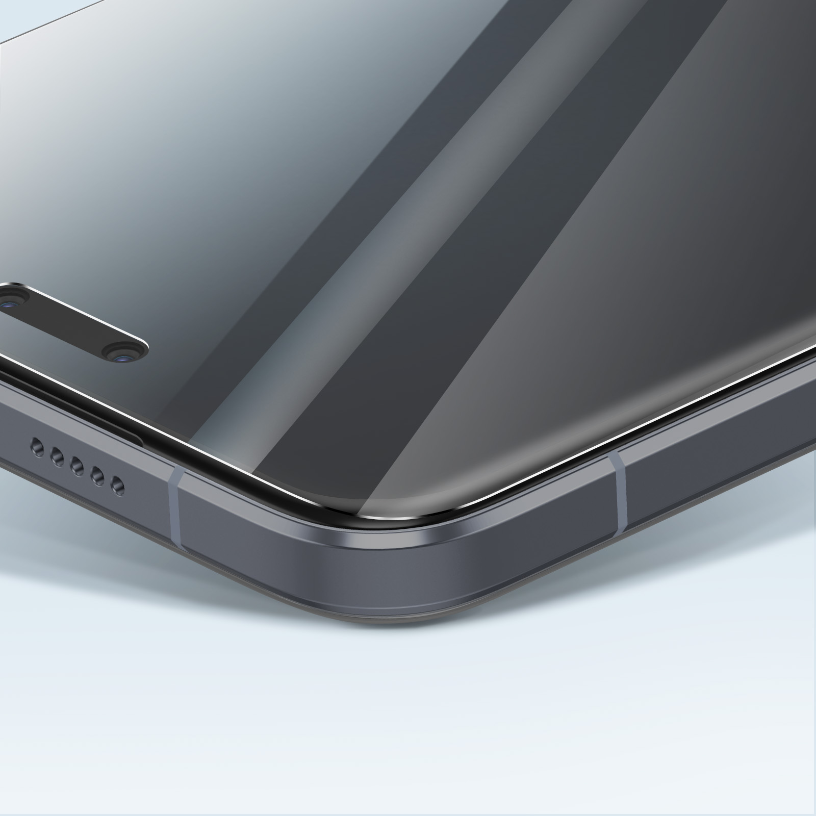 Primo piano di uno smartphone grigio scuro. Lo schermo è riflettente con ombre diagonali. Le lenti della fotocamera sono visibili. Il telefono ha un bordo curvo.