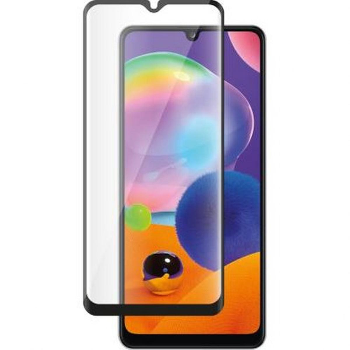 Un protecteur d'écran à côté d'un téléphone. Le téléphone affiche une image abstraite colorée. Le protecteur est transparent et a un bord noir.