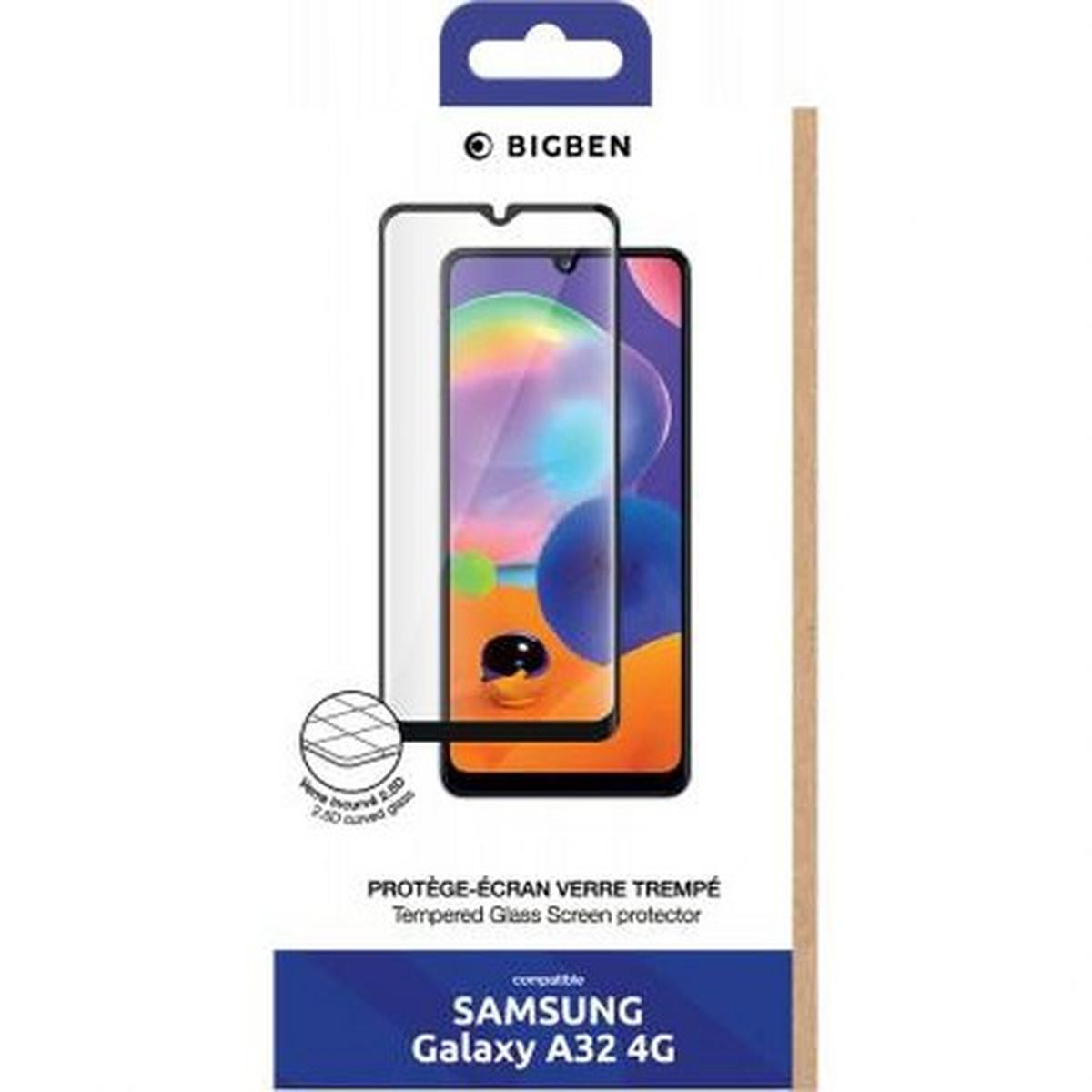 Un emballage de protection d'écran pour Samsung Galaxy A32 4G. Il montre l'écran du téléphone avec des graphismes colorés et le protecteur.