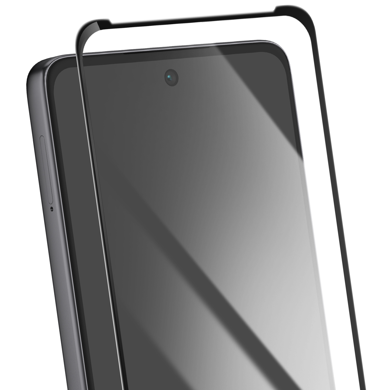 Uno smartphone con protezione schermo. Il telefono è grigio, la protezione è trasparente. C'è una fotocamera.