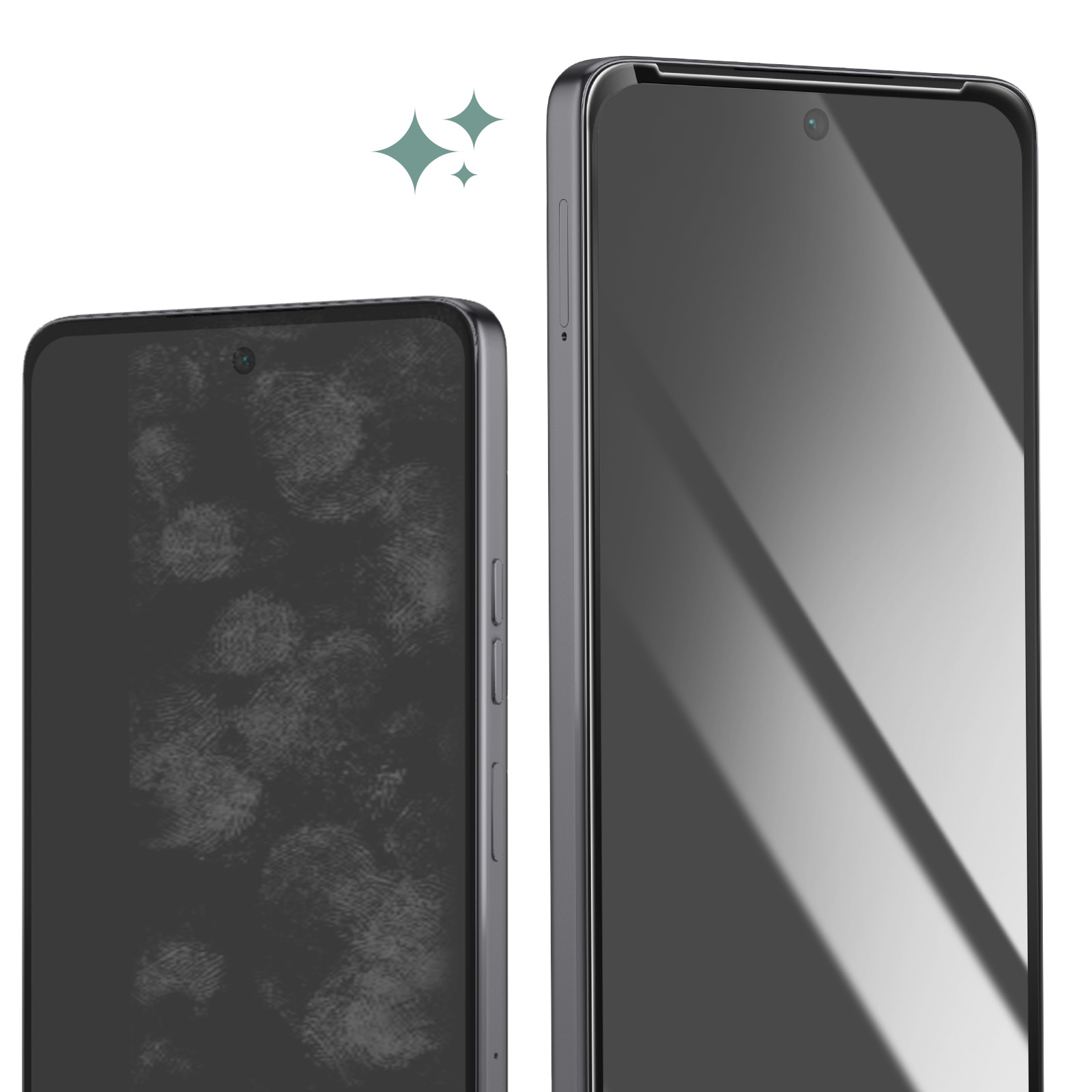 Due smartphone affiancati. Uno mostra impronte digitali, l'altro è pulito. Alcune scintille verdi nell'angolo in alto a sinistra.