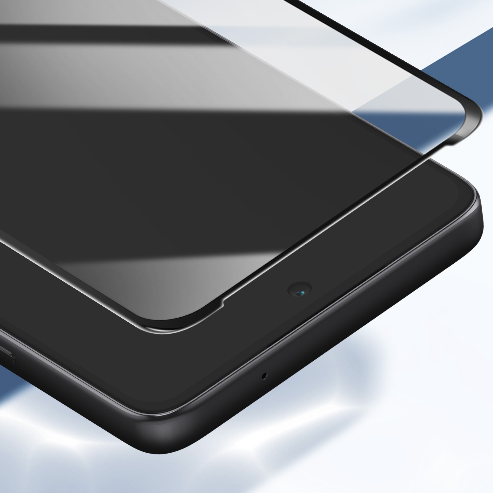 Primo piano di un tablet nero con una protezione per lo schermo applicata. Il tablet ha una fotocamera ed è contro una sfumatura blu e bianca.