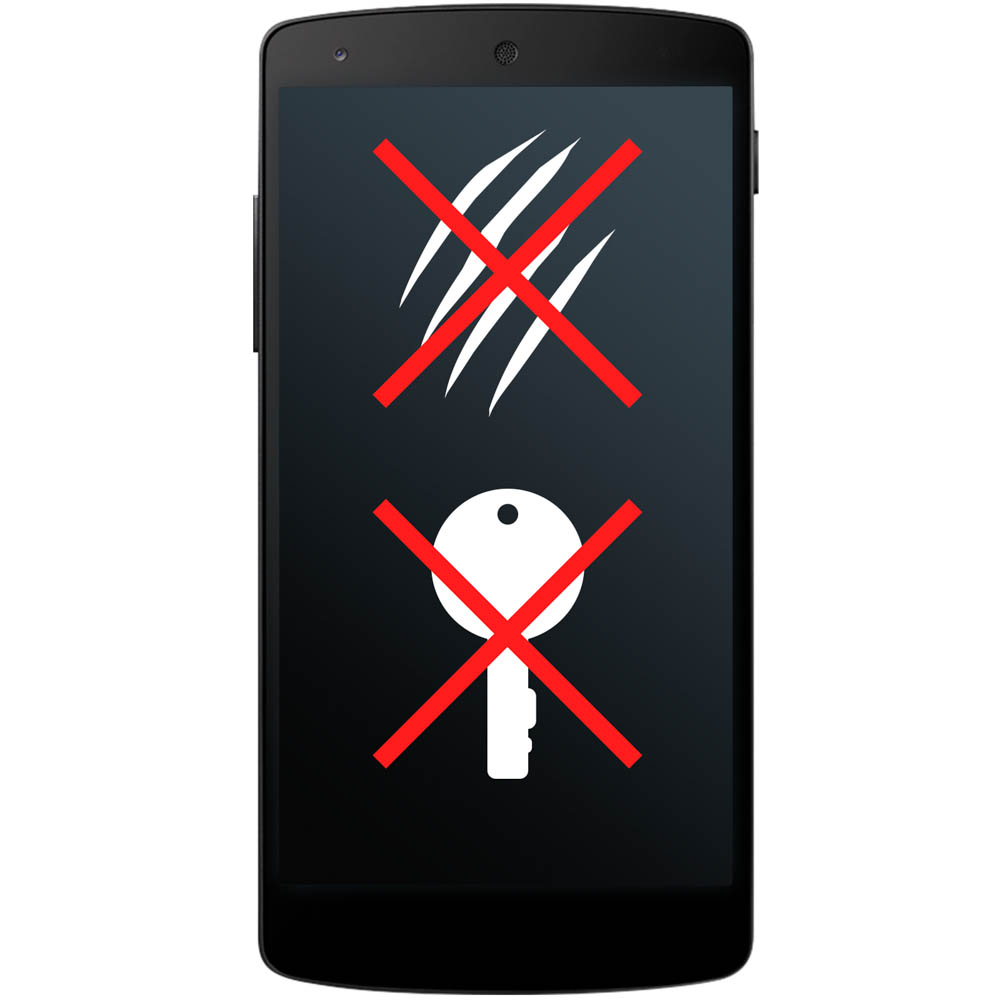 Lo schermo di uno smartphone mostra un artiglio graffiato e una chiave sbarrati con linee rosse. Lo sfondo è scuro.