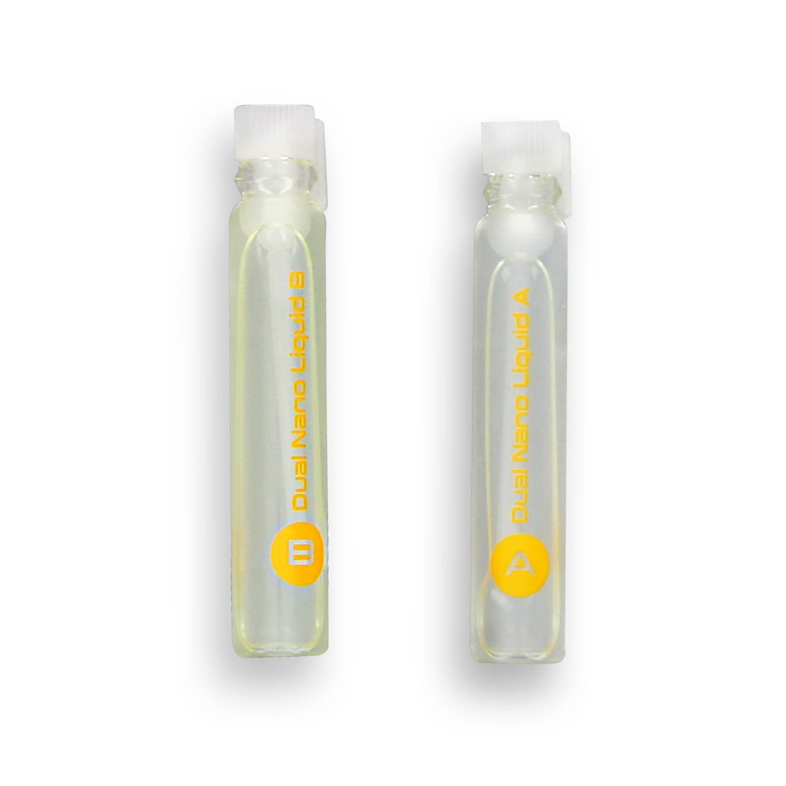 Due fiale trasparenti con etichetta 'Dual Nano Liquid A' e 'B' con tappi bianchi, su sfondo bianco.
