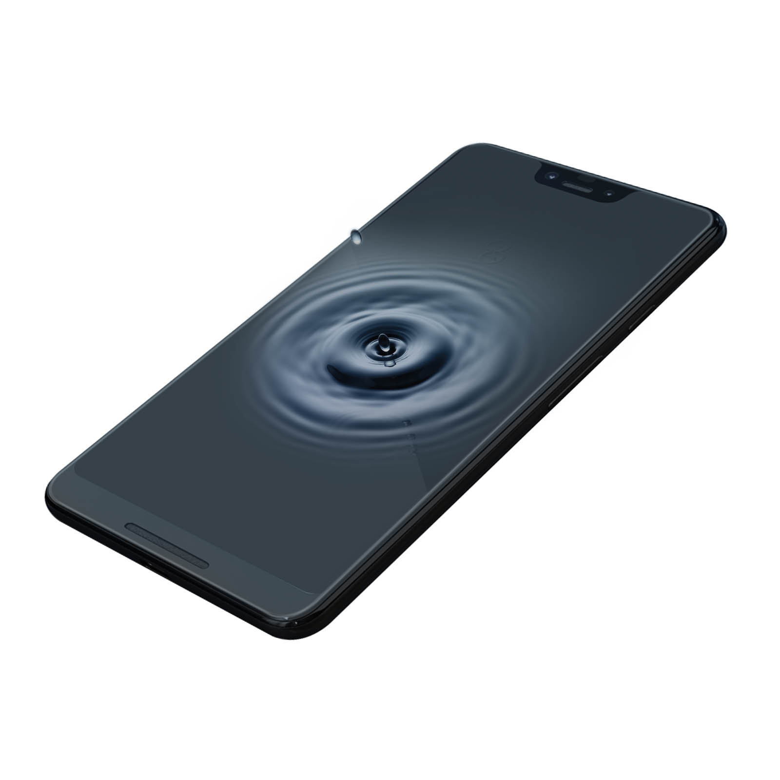 Uno smartphone con schermo scuro mostra increspature d'acqua dall'impatto di una goccia. Il telefono è angolato, con sfondo bianco.