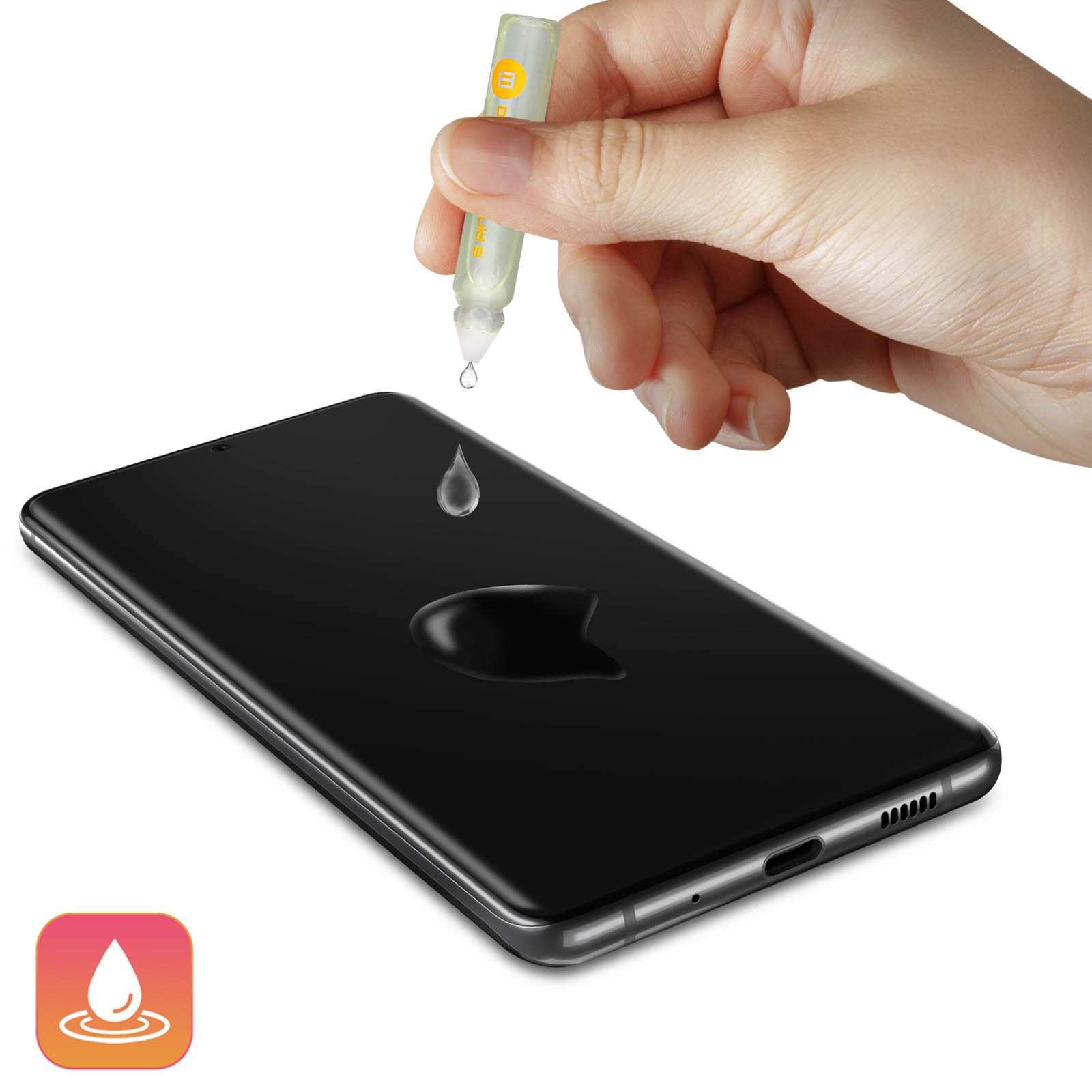 Una mano tiene un contagocce, dispensando liquido su uno smartphone nero. Una goccia d'acqua si forma e si espande. Un'icona è nell'angolo.