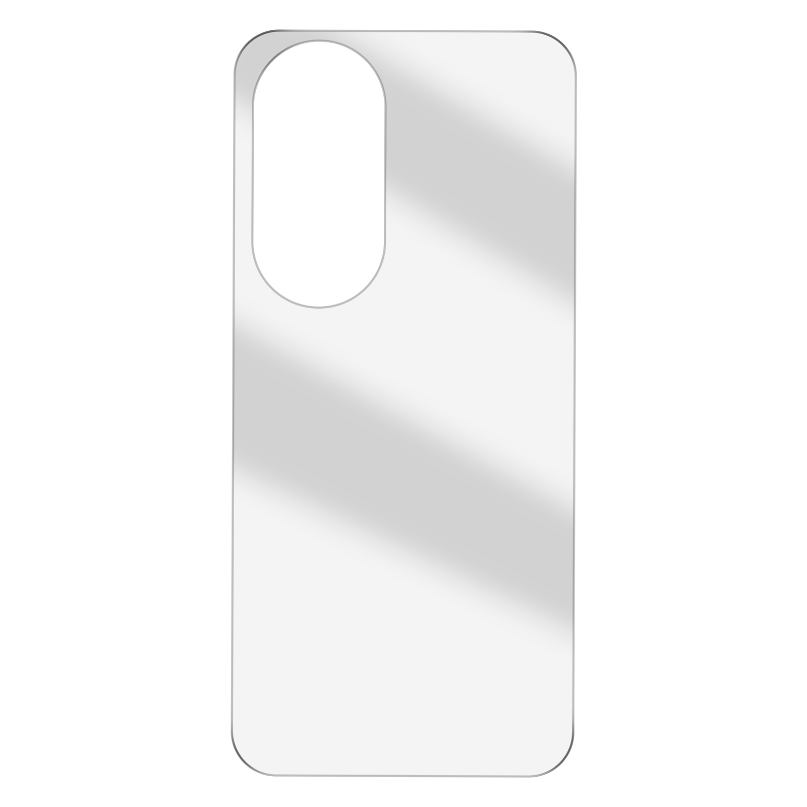 Pellicola protettiva trasparente per schermo con intaglio per fotocamera. Rettangolare con angoli arrotondati, superficie riflettente.