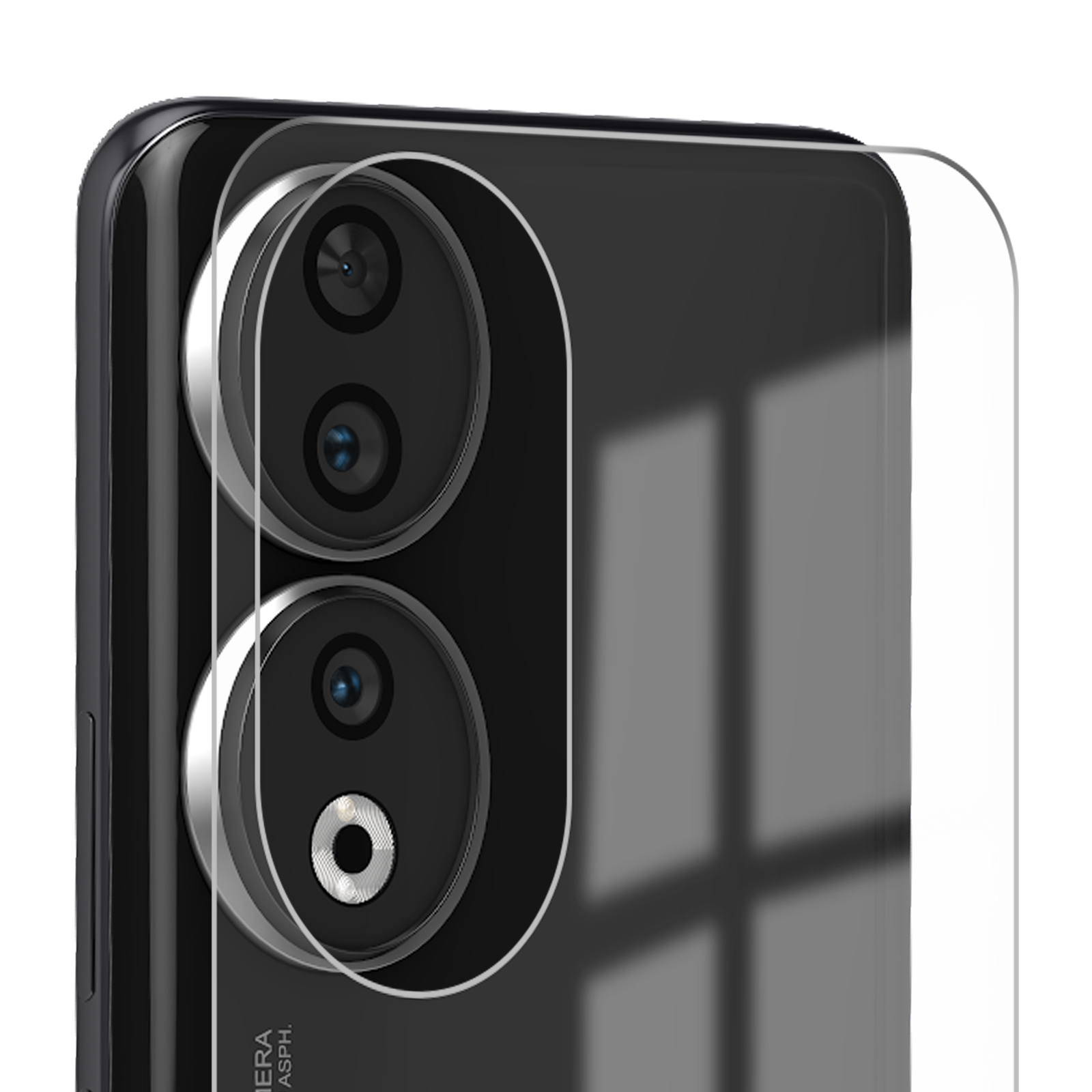 Primo piano del gruppo fotocamere di un telefono. Sono visibili tre obiettivi circolari, con una protezione schermo trasparente.