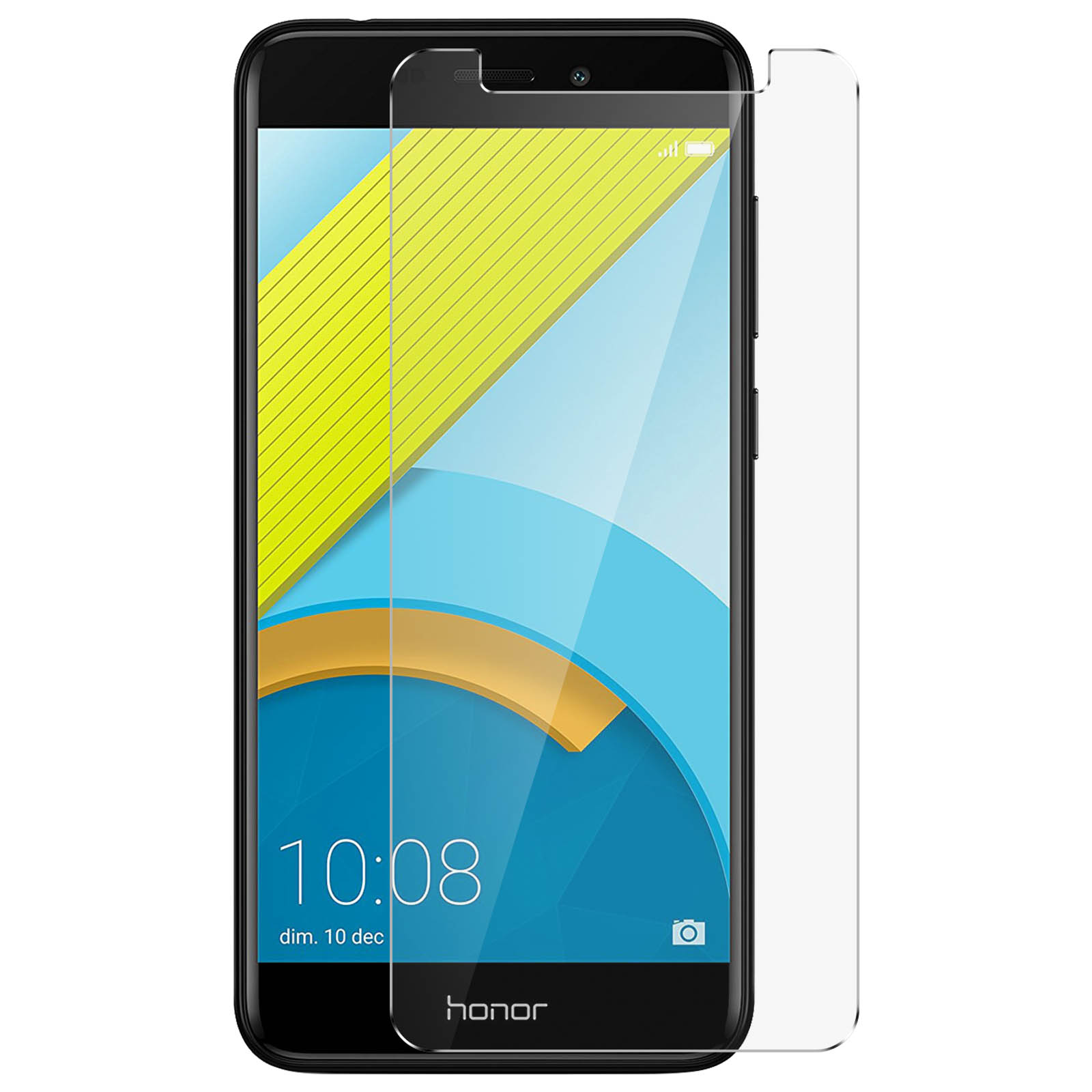 Uno smartphone con una protezione per lo schermo applicata. Lo schermo mostra l'ora e il telefono ha un design giallo e blu.