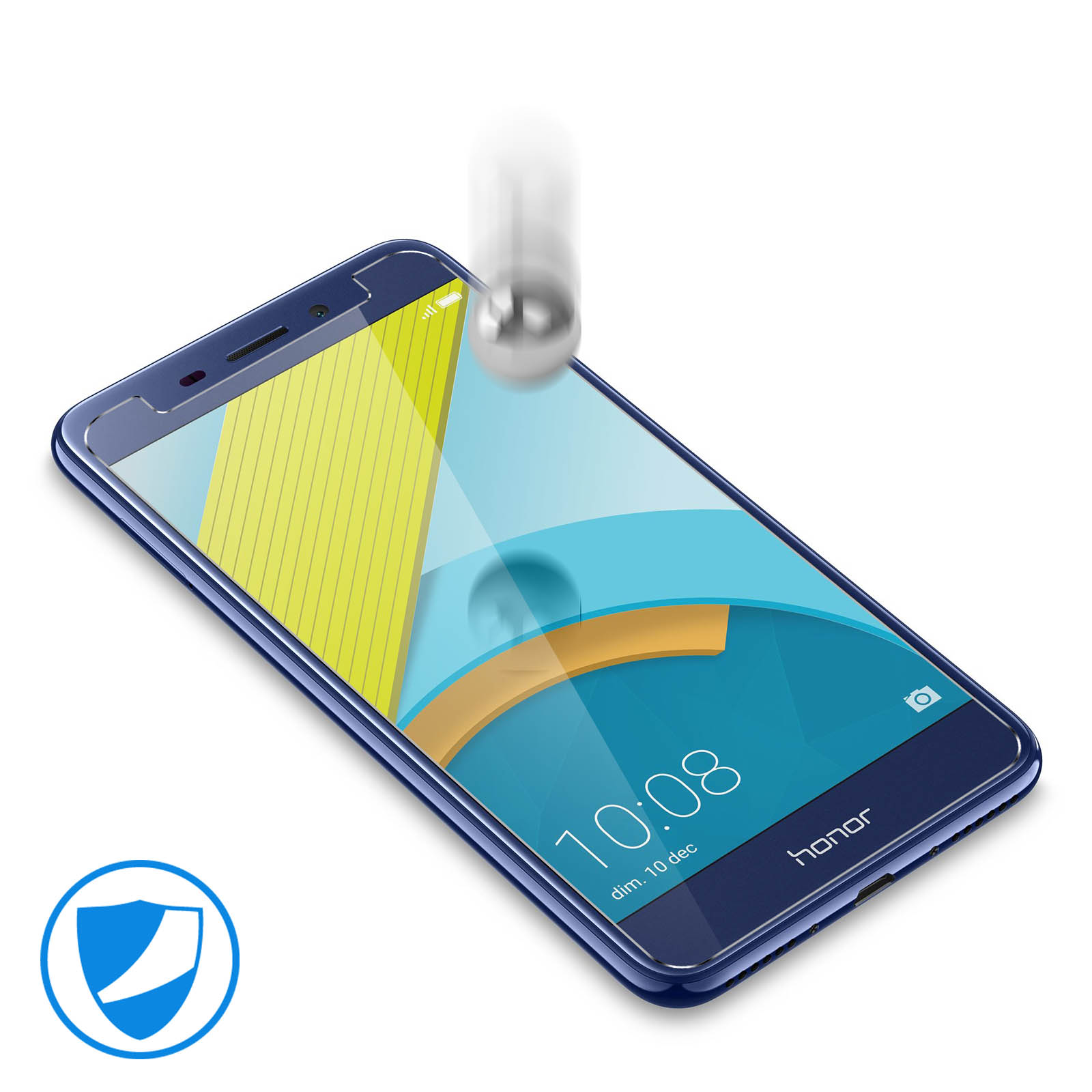 Un telefono Honor blu con protezione schermo. Una sfera di metallo cade sullo schermo. Lo schermo mostra l'ora e un motivo giallo.