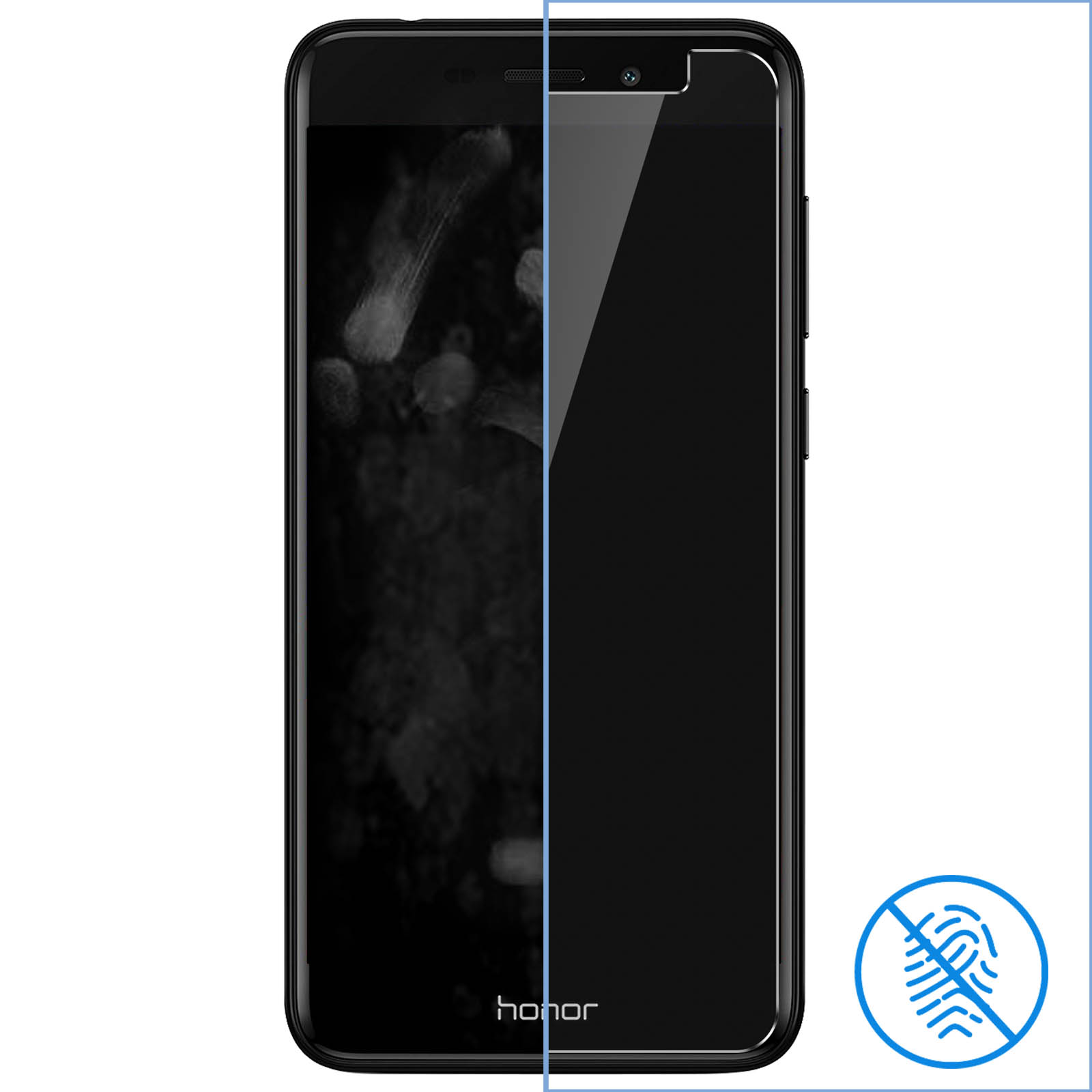 Uno smartphone nero con protezione schermo. Lo schermo mostra impronte digitali a sinistra. Un'icona blu di impronta digitale a destra.