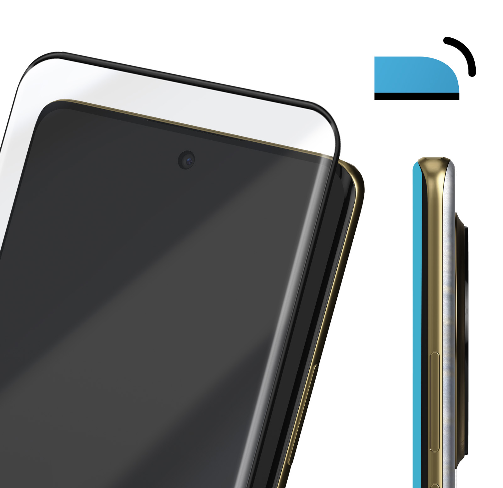 Smartphone con protezione schermo. Il telefono ha uno schermo nero, una cornice dorata. Grafica blu e nera in alto a destra.