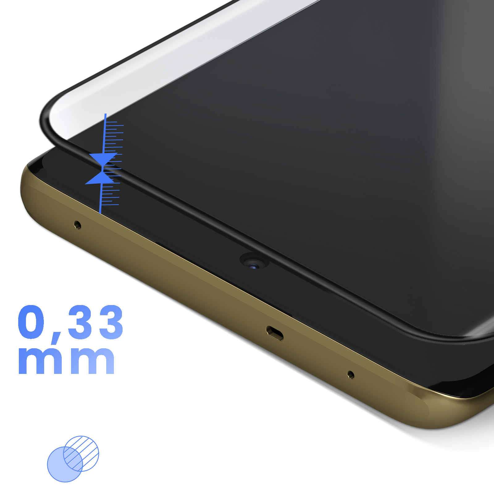 Uno smartphone con protezione schermo. Un grafico di misurazione blu evidenzia lo spessore di 0,33 mm. Il telefono è nero e oro.