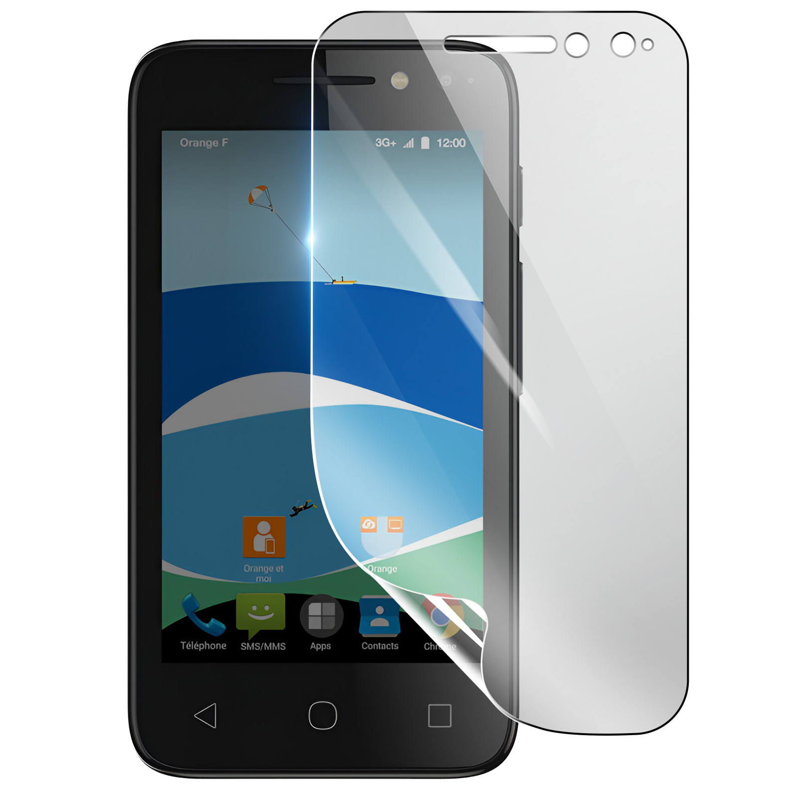 Smartphone nero con protezione schermo applicata. Il display mostra un aquilone, una barca e icone app. Marchio Orange visibile.