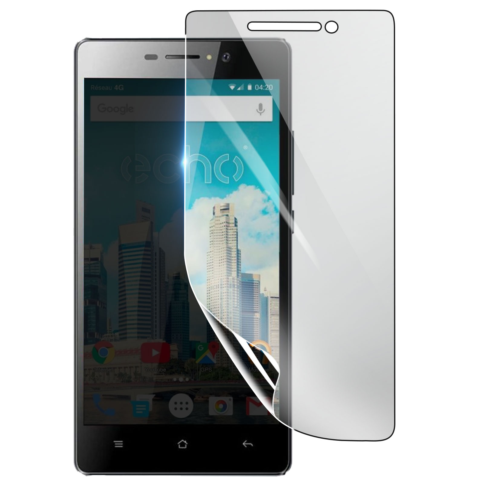 Uno smartphone con una protezione per lo schermo applicata. Lo schermo mostra uno skyline e icone di app. La protezione è parzialmente staccata.
