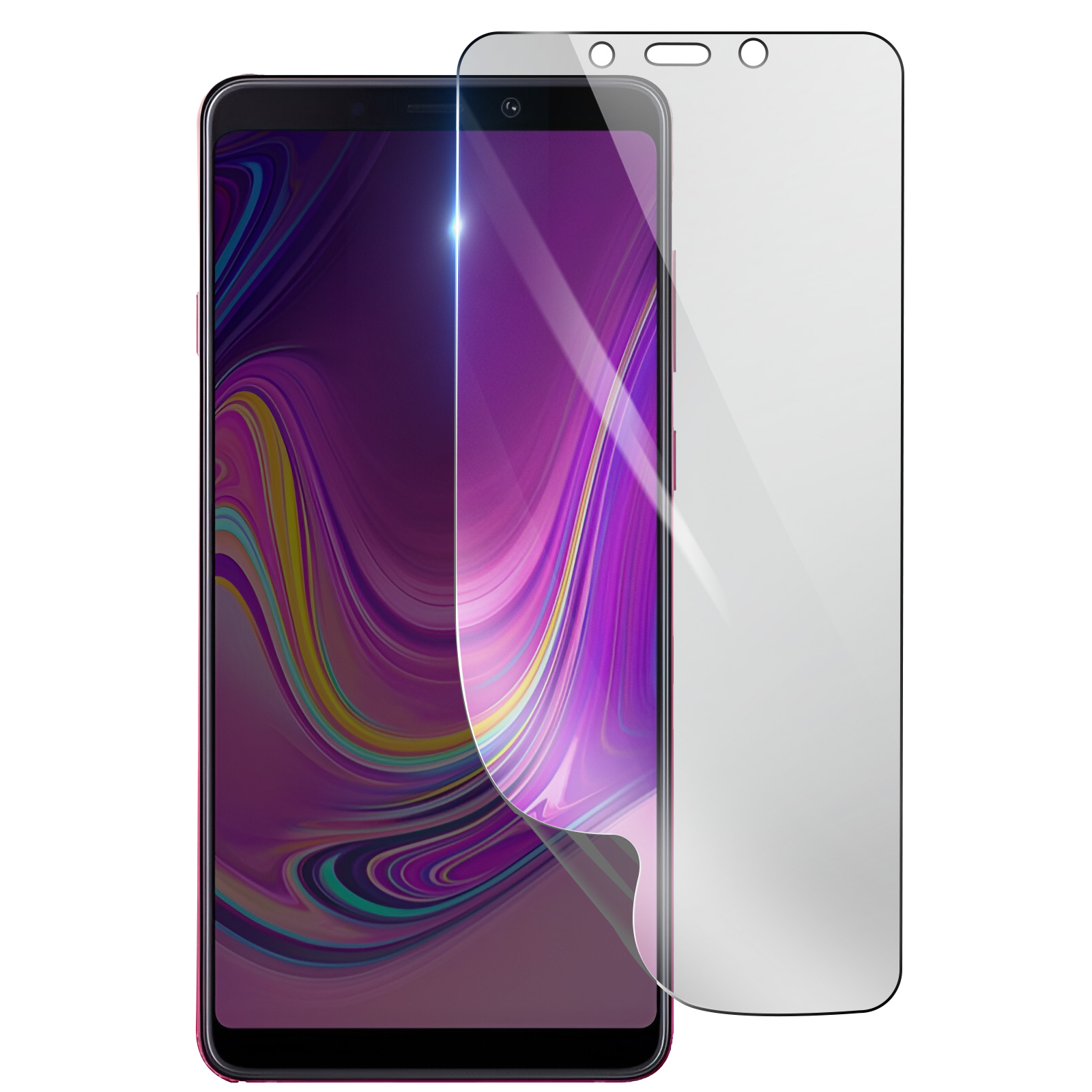 Viene mostrato uno smartphone con una protezione per lo schermo. Il telefono ha una cornice rosa e uno schermo viola. La protezione è trasparente.