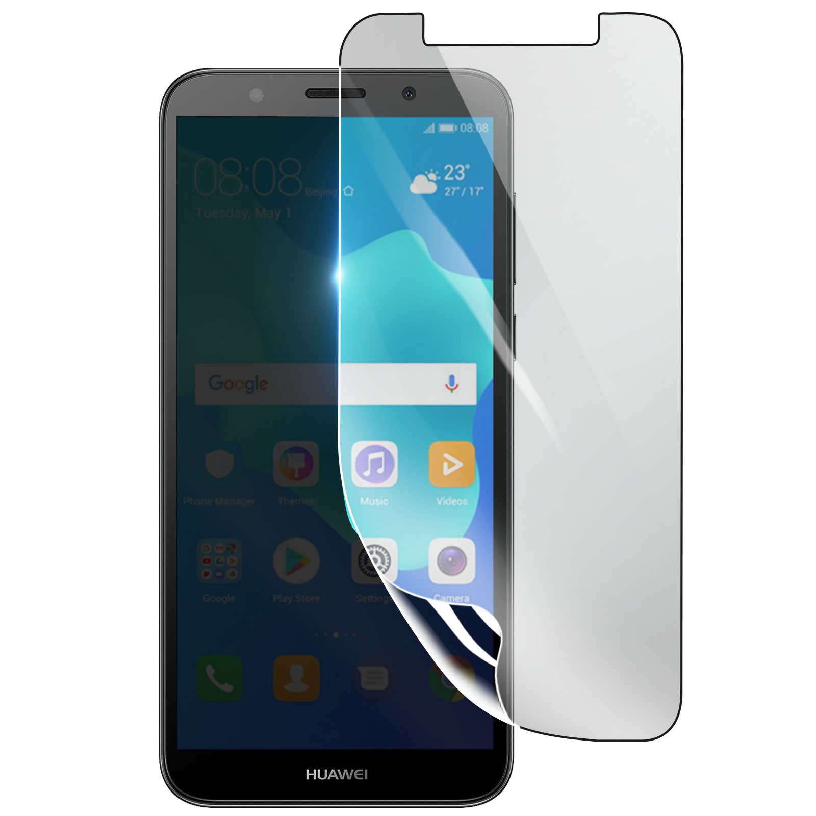 Uno smartphone con una protezione per lo schermo applicata. Lo schermo mostra icone di app e l'ora. La protezione si sta staccando.
