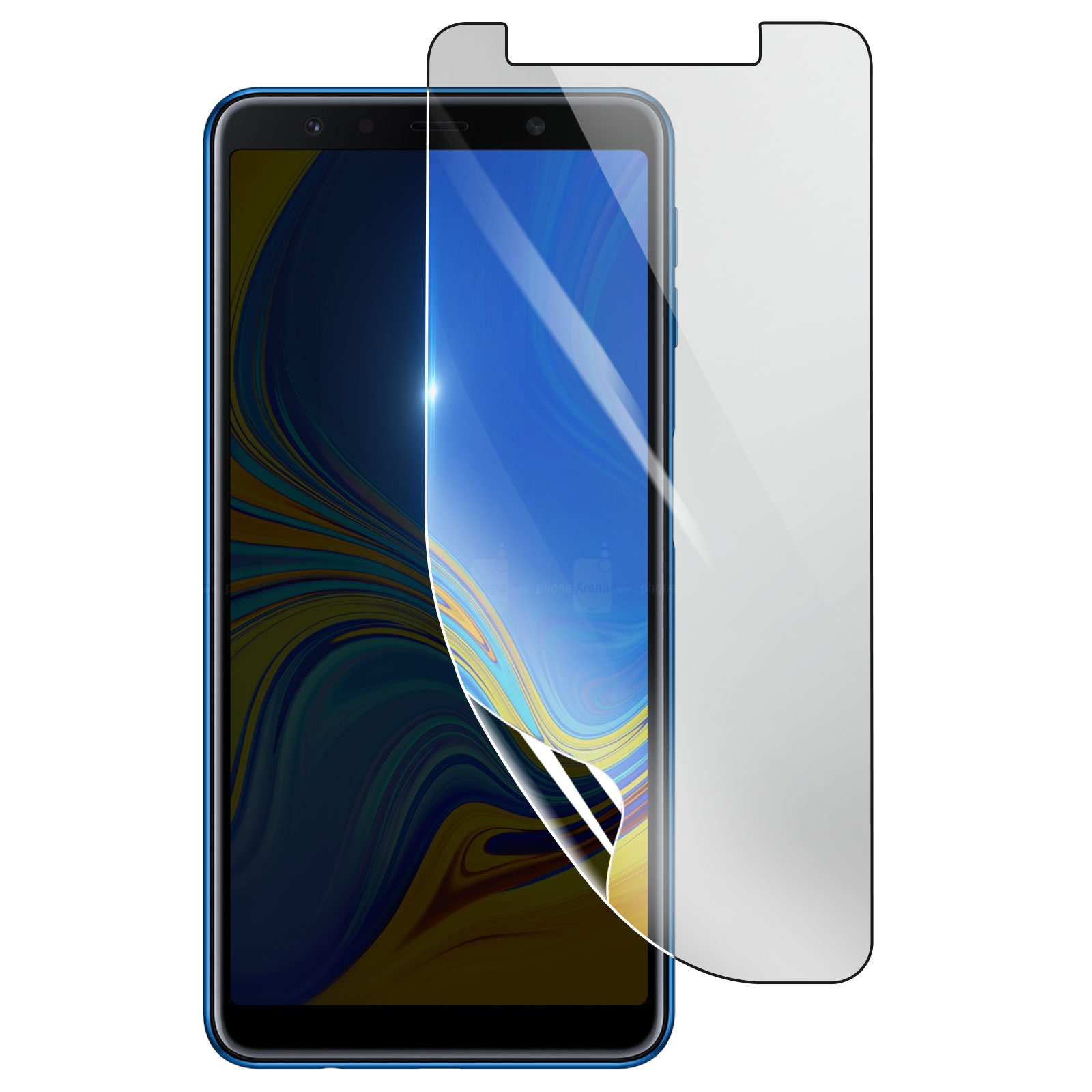 Uno smartphone con una protezione per lo schermo. Il telefono è blu, la protezione è trasparente. Lo schermo mostra blu e giallo.