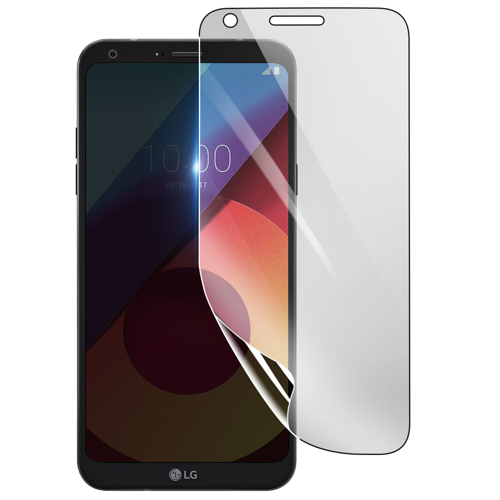 Smartphone LG con una protezione per lo schermo in fase di applicazione. Il telefono mostra l'ora e la data. La protezione è parzialmente staccata.
