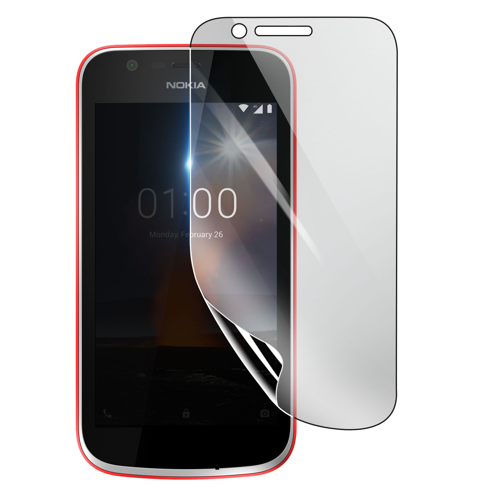 Telefono Nokia con una protezione per lo schermo che viene rimossa. Il telefono è nero e rosso. Lo schermo mostra l'ora.