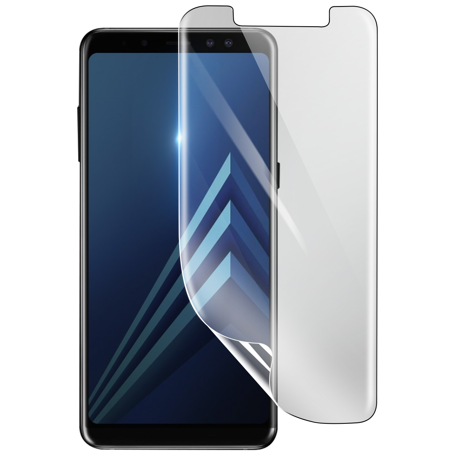 Uno smartphone con una protezione per lo schermo in fase di applicazione. Il telefono è nero con una grafica blu e bianca sullo schermo.