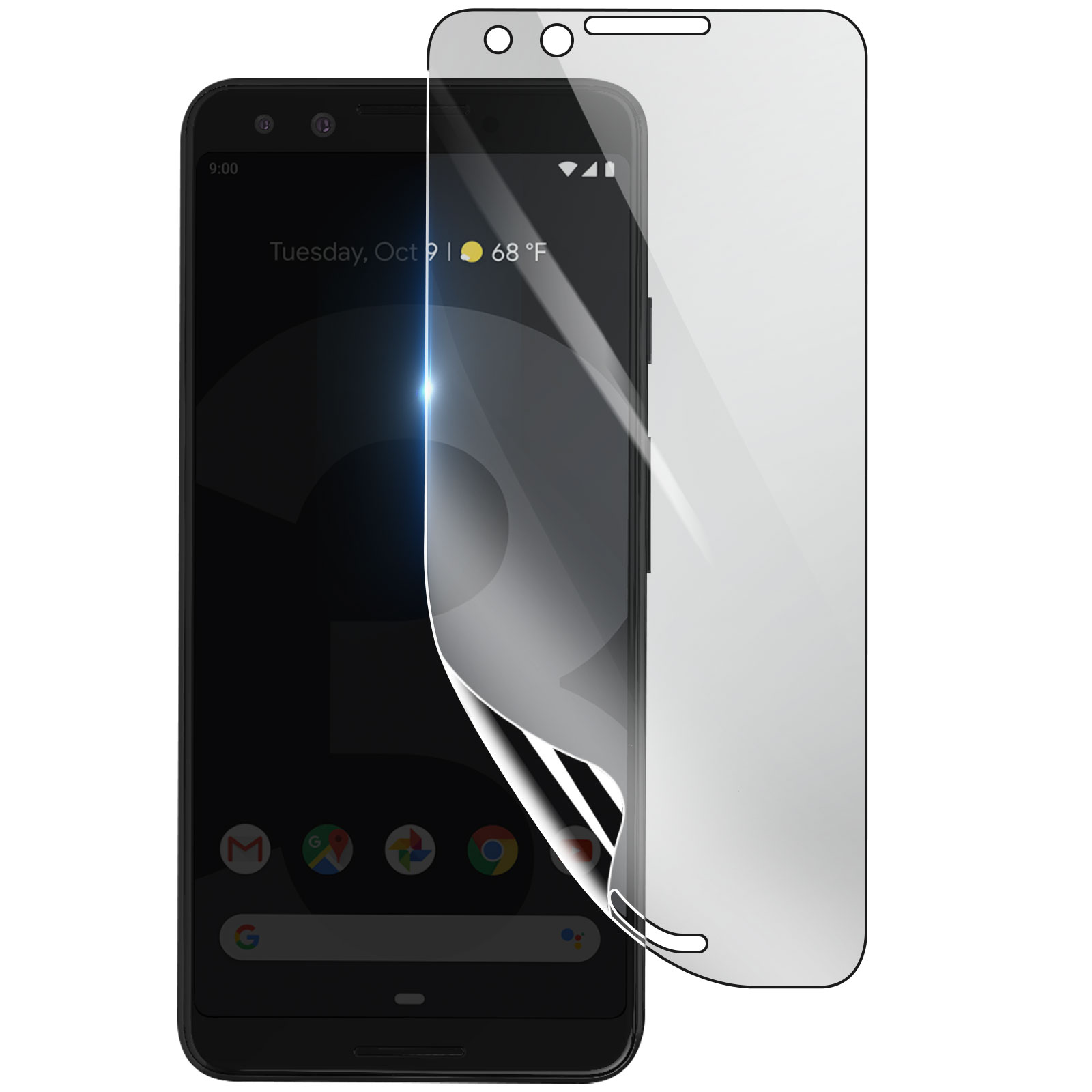 Uno smartphone nero con una protezione per lo schermo che si stacca. Lo schermo mostra data, ora e informazioni meteo.