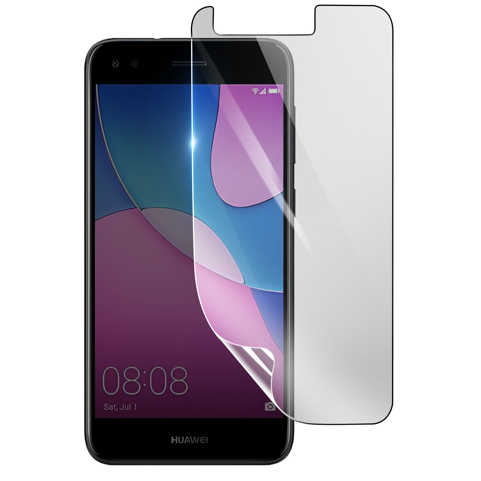 Un teléfono Huawei negro con un protector de pantalla parcialmente despegado. La pantalla muestra un fondo de pantalla colorido y la hora.