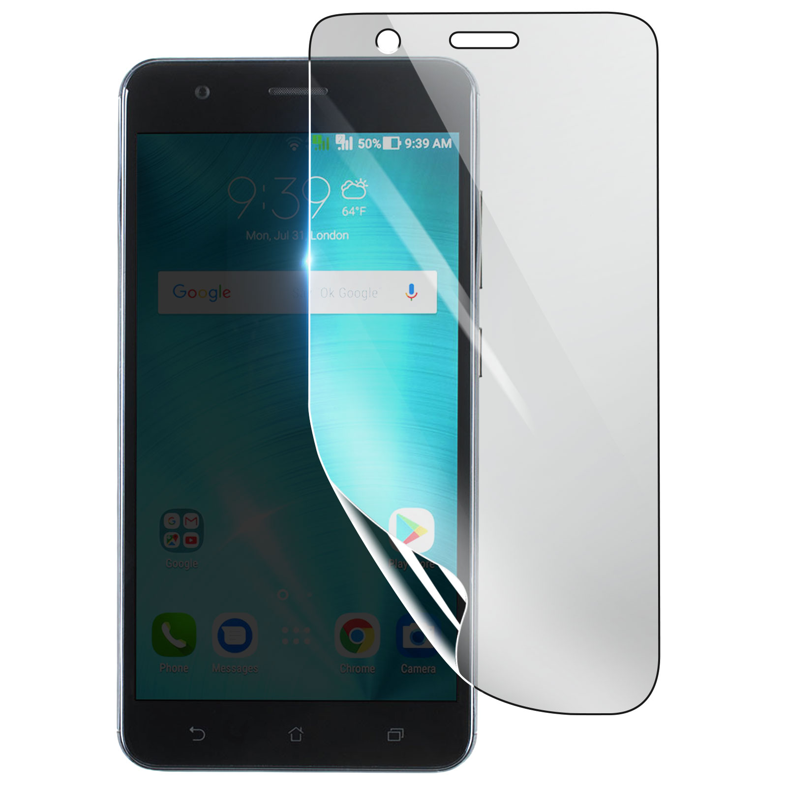 Smartphone con protector de pantalla. El teléfono muestra hora, clima y aplicaciones. El protector está parcialmente despegado.