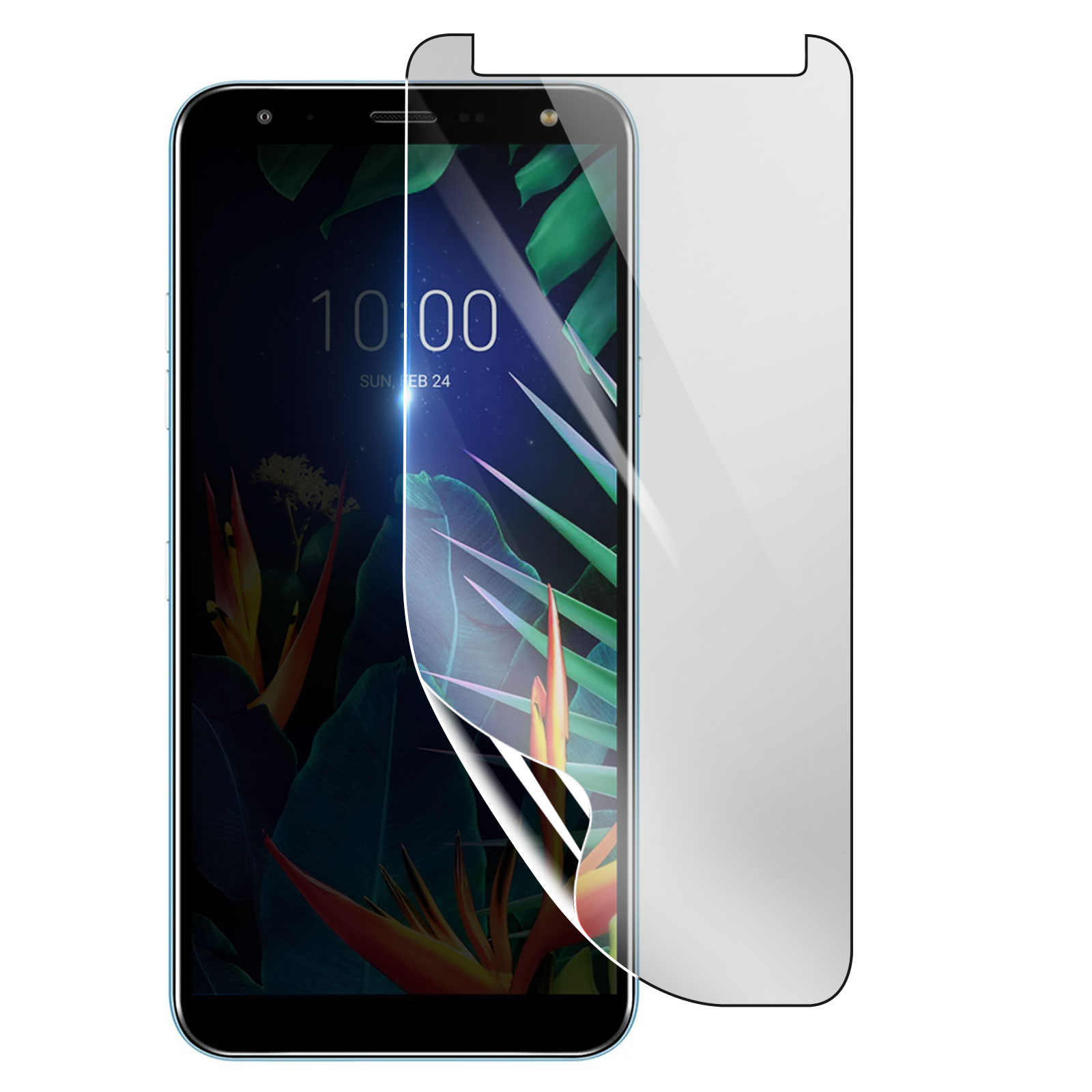 Un telefono con una protezione per lo schermo in applicazione. Lo schermo del telefono mostra un'immagine floreale. La protezione si stacca.