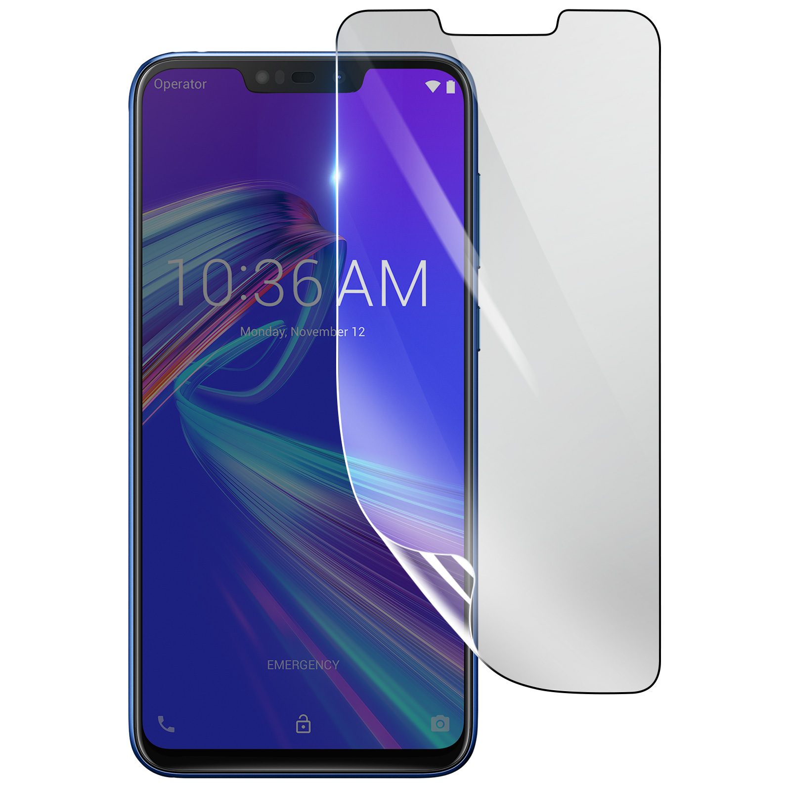 Un teléfono inteligente con un protector de pantalla aplicado. La pantalla muestra la hora y la fecha. El protector está parcialmente despegado.