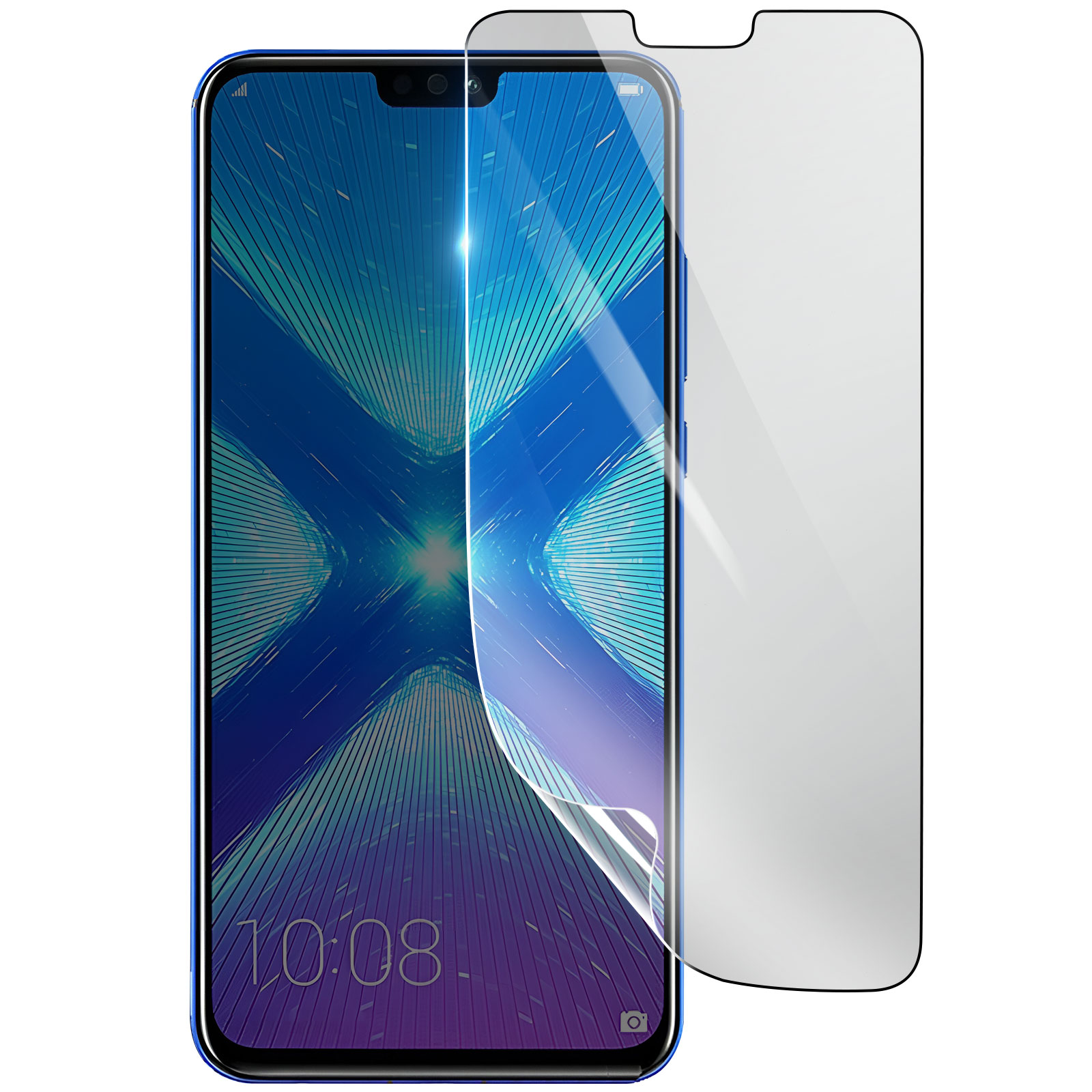 Smartphone blu con protezione schermo applicata. Lo schermo mostra l'ora, la protezione è parzialmente staccata.