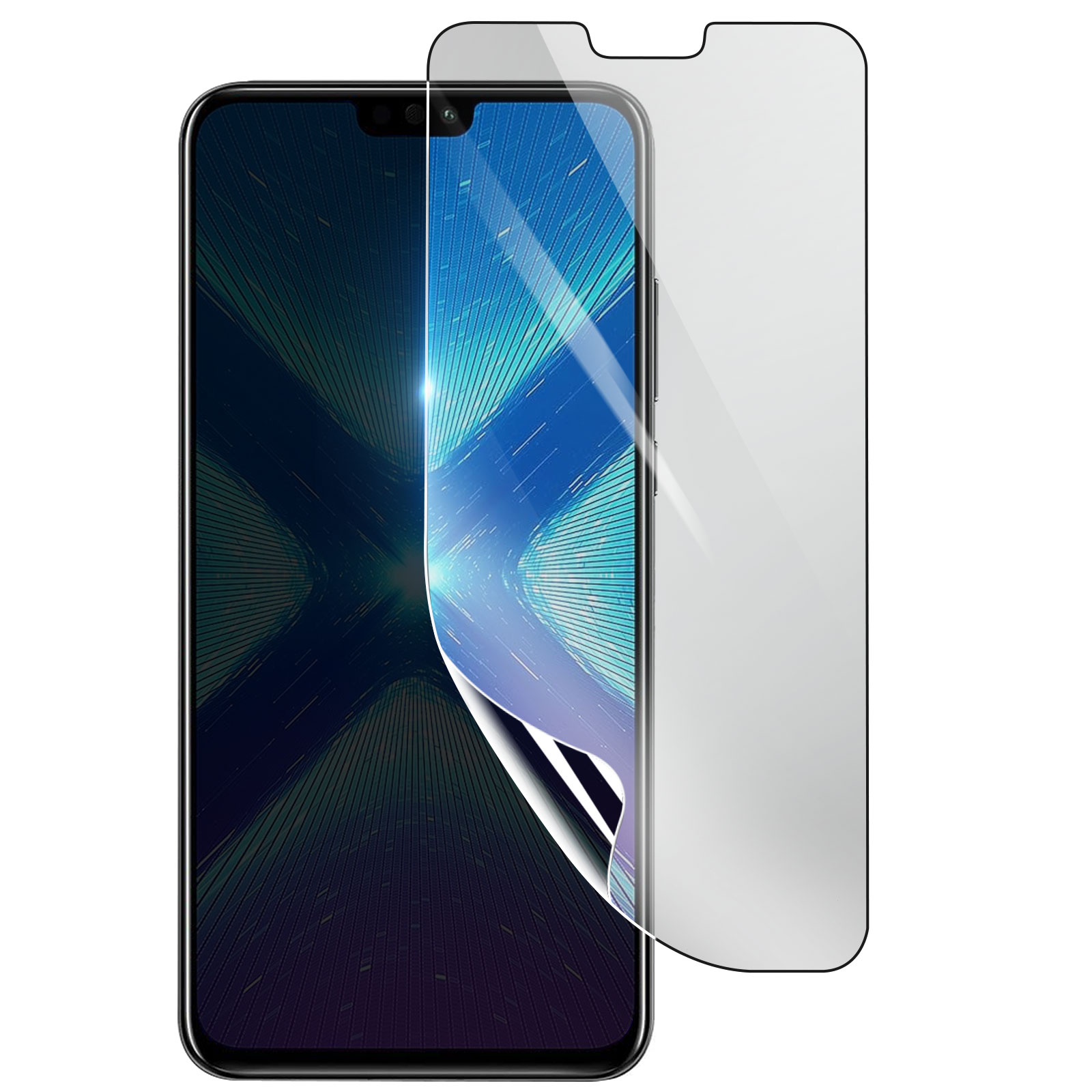 Un proteggi schermo viene applicato a uno smartphone. Il telefono ha uno schermo con sfondo blu astratto.