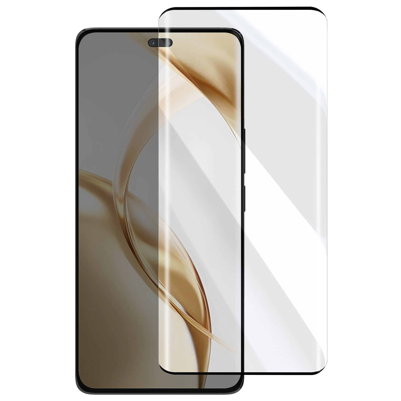 Uno smartphone con protezione schermo applicata. Lo schermo del telefono mostra vortici astratti oro-marrone. La protezione è trasparente, leggermente sfalsata.