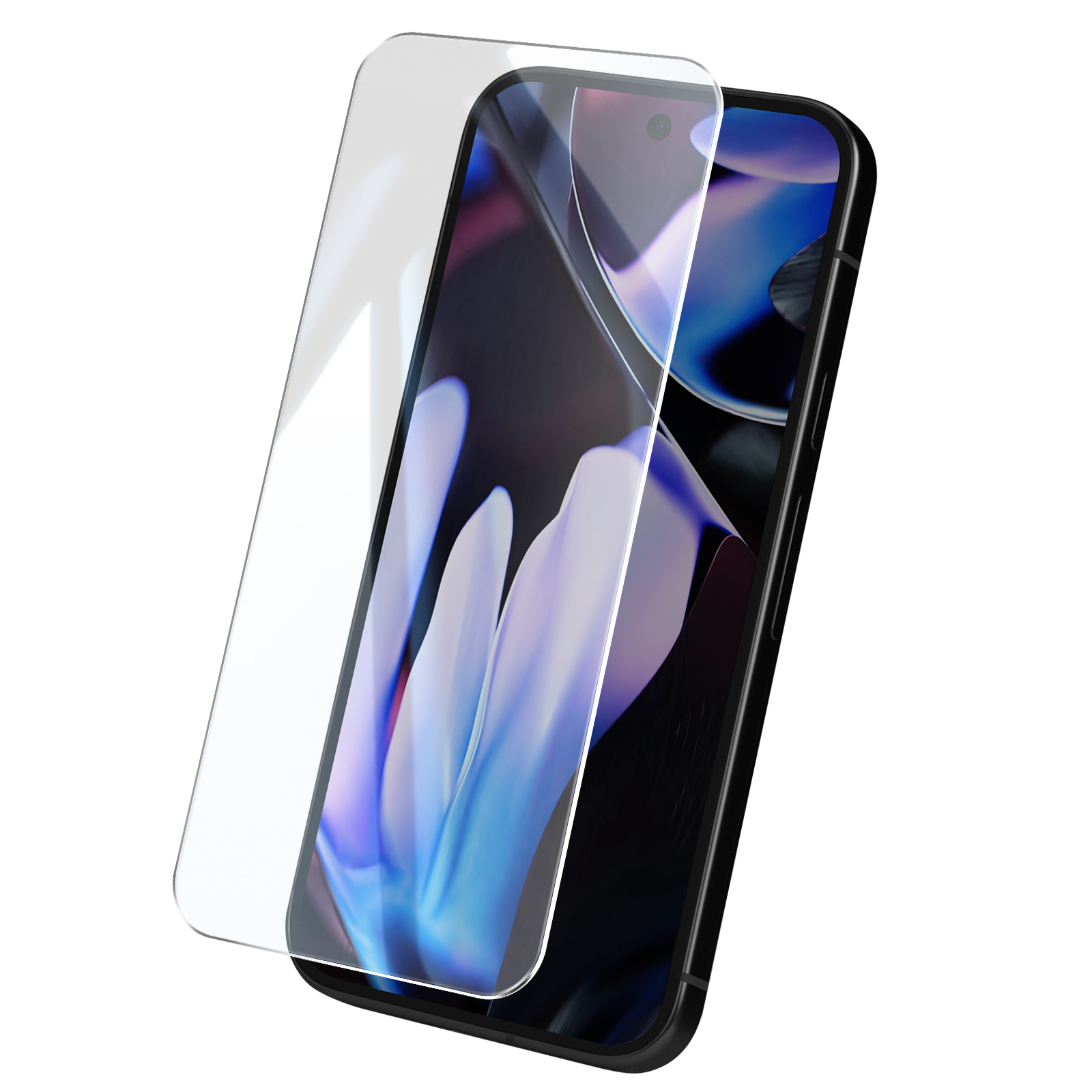 Viene mostrato uno smartphone con una protezione per lo schermo. Il telefono ha una cornice nera e uno sfondo colorato. La protezione è trasparente.