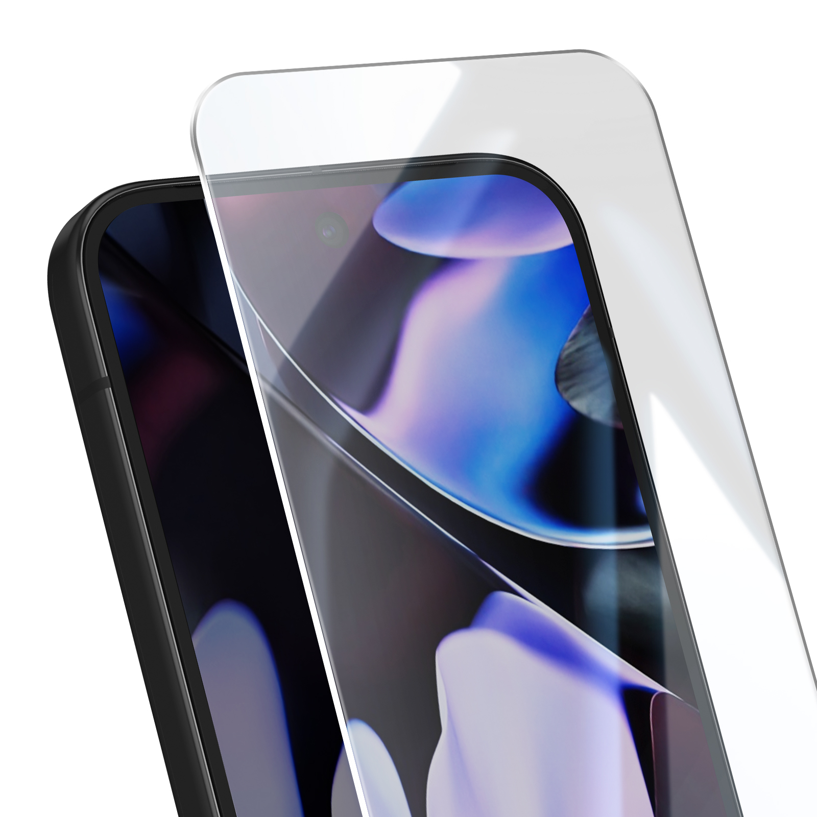 Primo piano di uno smartphone nero con un proteggi schermo in applicazione. Lo schermo mostra un'immagine sfocata e colorata.