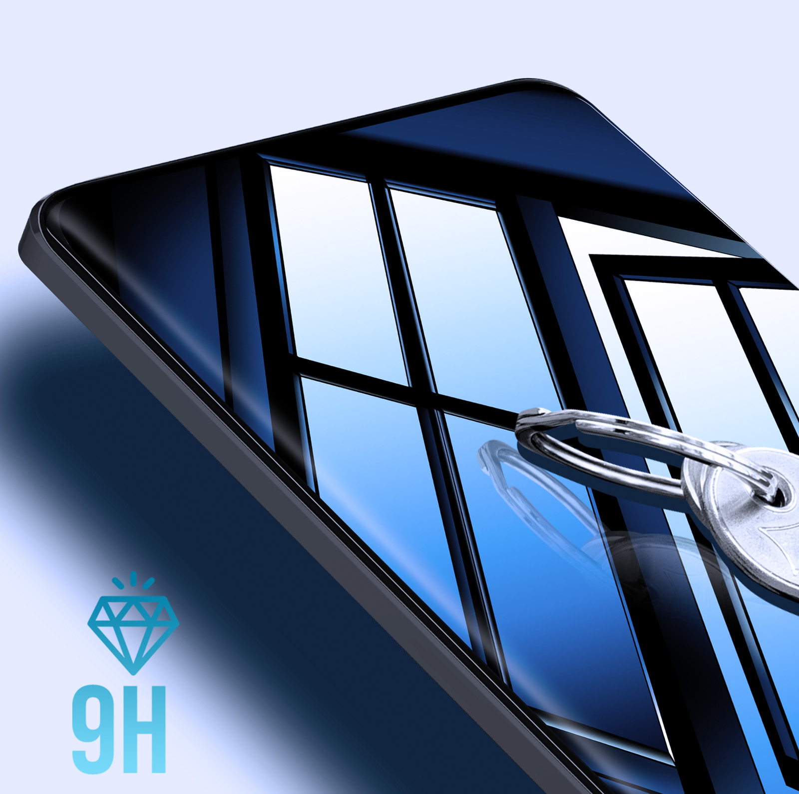 Una protezione per lo schermo riflette una finestra. Le chiavi sono sullo schermo. Un logo diamante con '9H' è in basso.