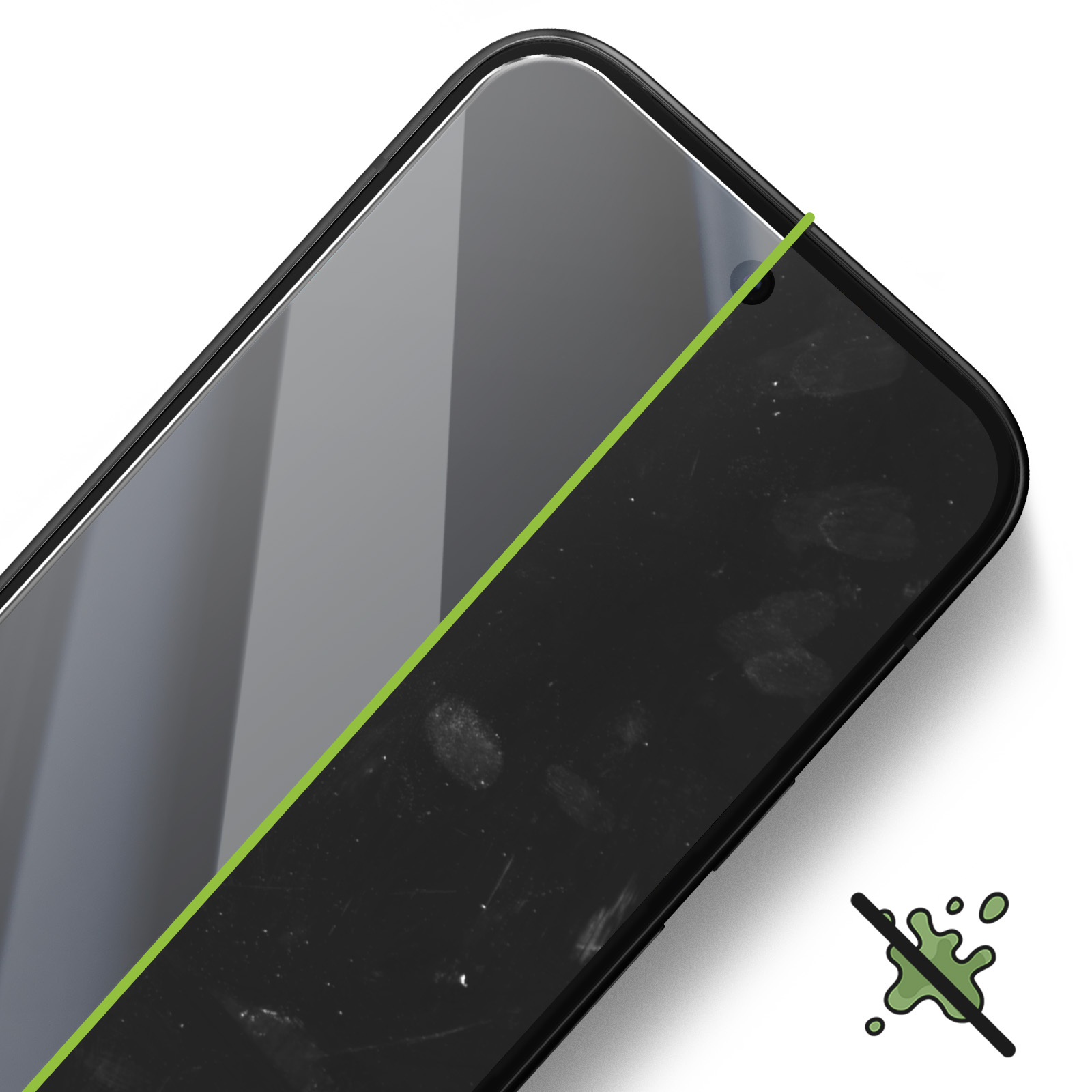 Uno schermo del telefono con una superficie pulita e lucida rispetto a un lato sporco e coperto di impronte digitali. Una linea verde li divide.