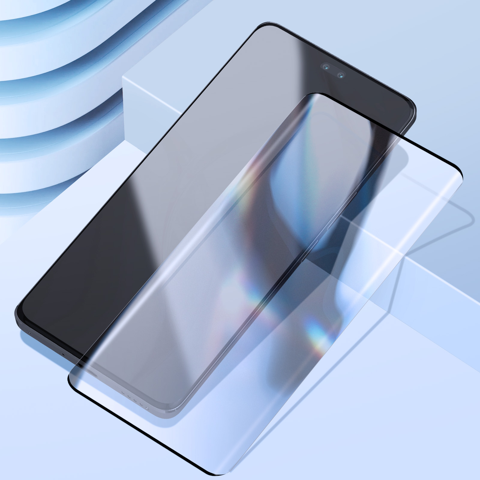 Sono mostrati due smartphone, uno con protezione schermo. Lo sfondo è un design geometrico blu chiaro.