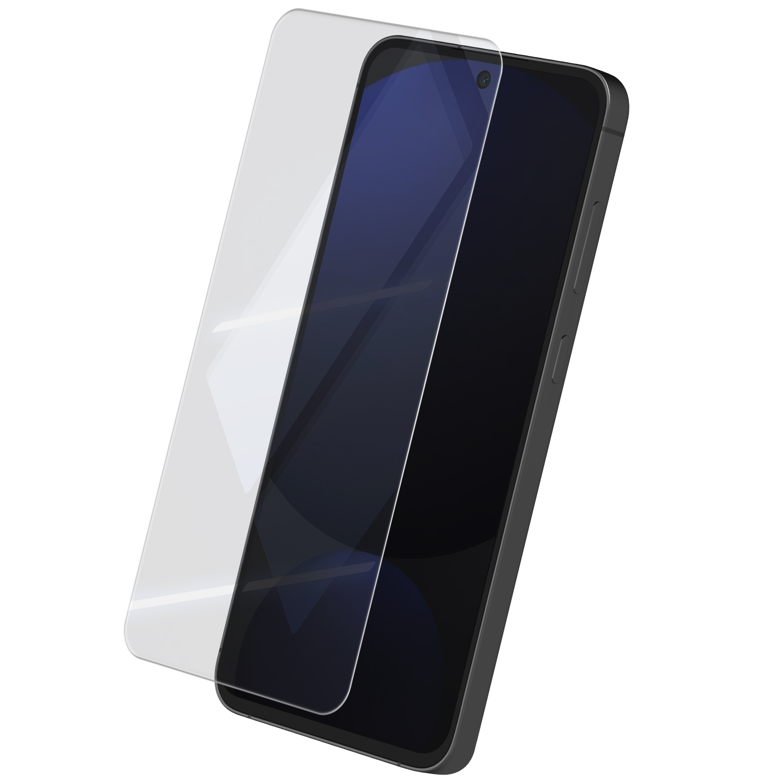 Uno smartphone con una protezione per lo schermo. Il telefono è nero, la protezione è trasparente.