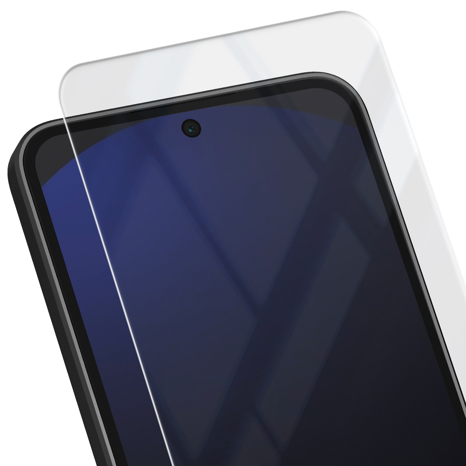Uno smartphone con protezione schermo. Lo schermo è blu scuro. La protezione è trasparente. Lo sfondo è bianco.