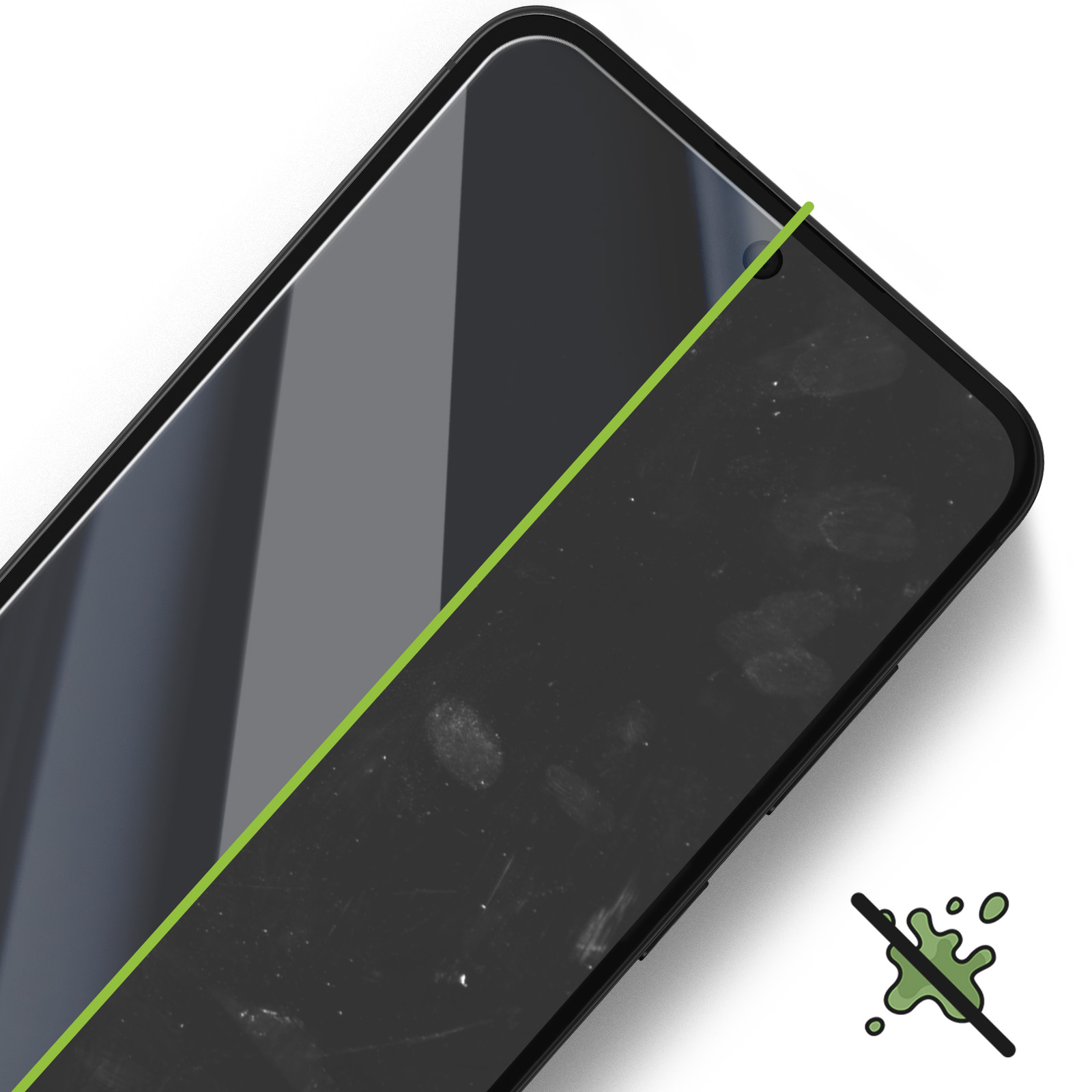 Schermo smartphone: pulito vs sporco. Linea verde divide lo schermo. Simbolo antimacchia nell'angolo.